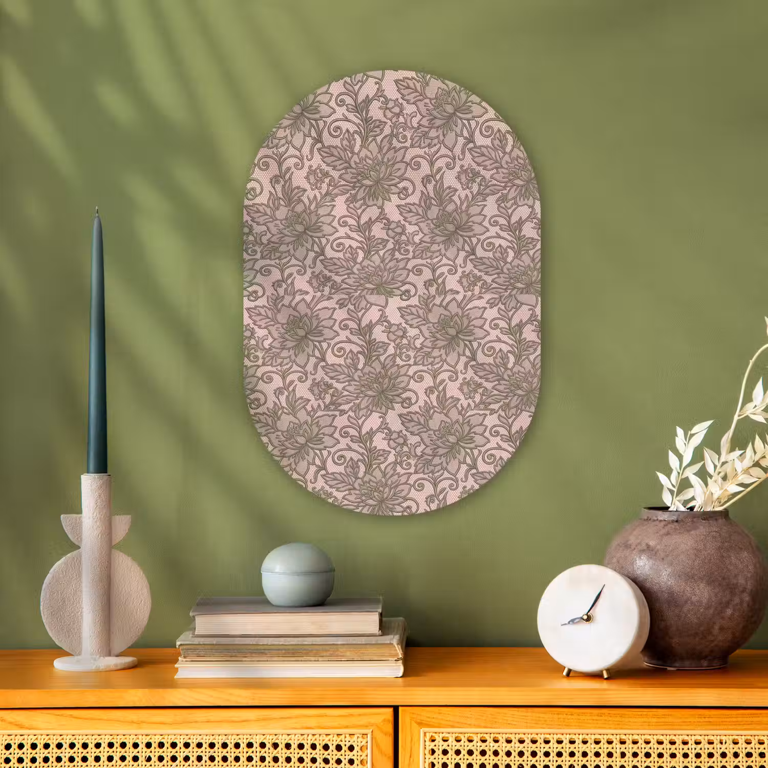 Bloemen - Kant - Patroon - Klassiek - Groen Wandcirkel Ovaal Forex klein -sfeer2