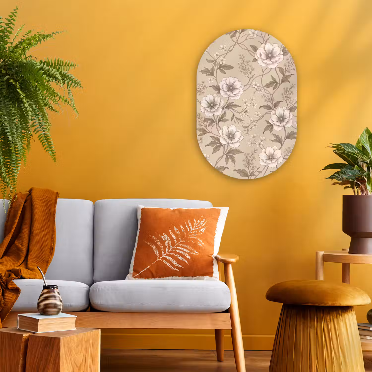 Bloemen - Patroon - Beige Wandcirkel Ovaal Forex klein -sfeer4