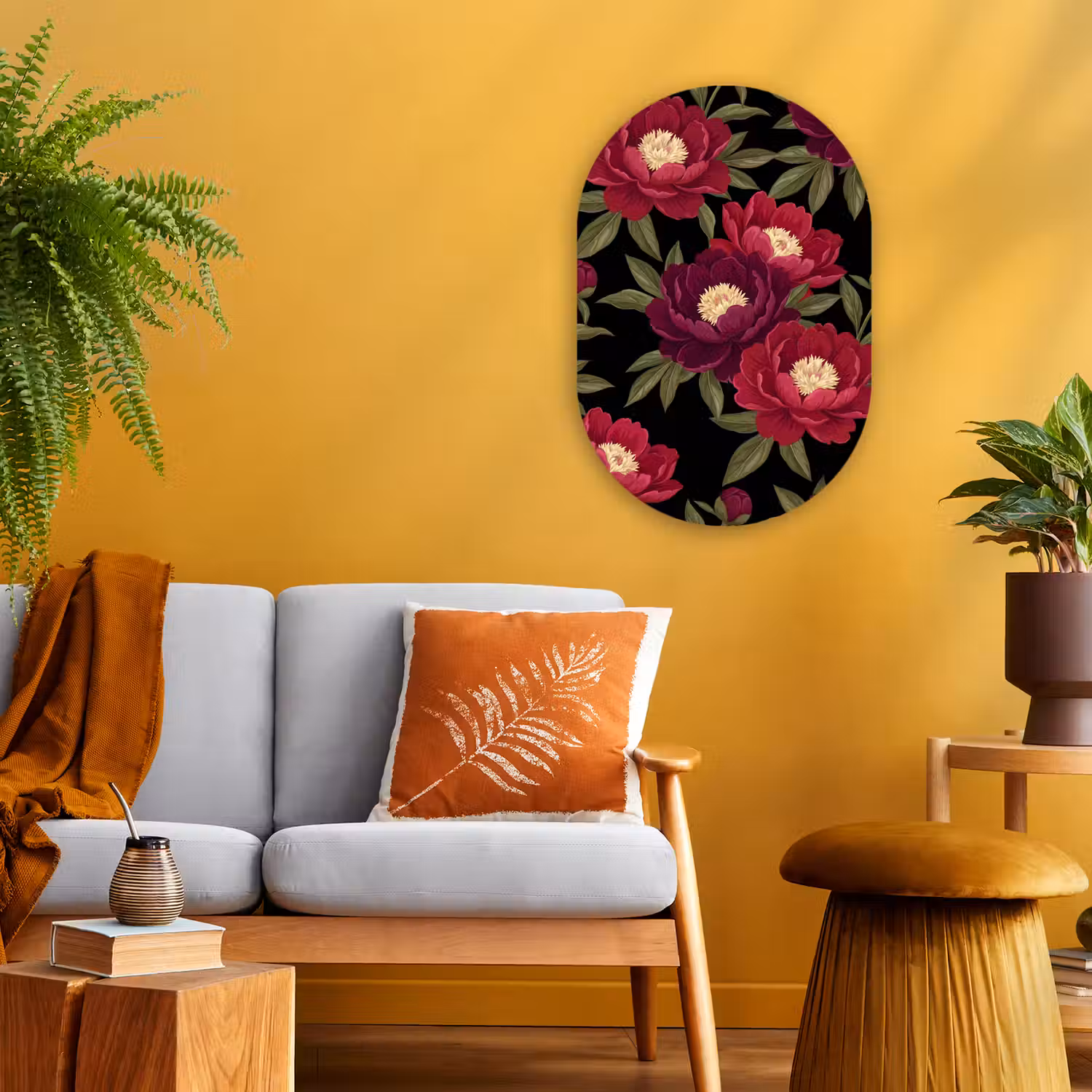 Bloemen - Patroon - Botanisch - Rood - Zwart Wandcirkel Ovaal Forex klein -sfeer4
