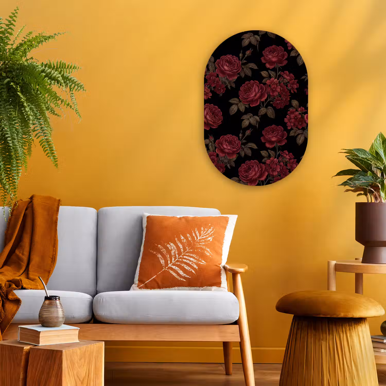 Bloemen - Roos - Patroon - Klassiek - Rood Wandcirkel Ovaal Forex klein -sfeer4