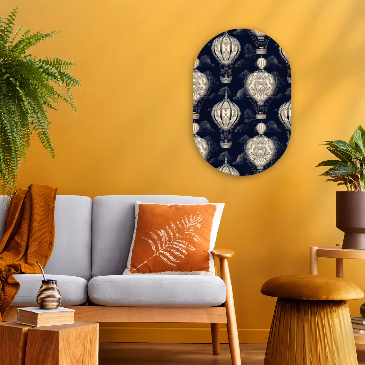Luchtballonnen - Wolken - Patroon - Donkerblauw Wandcirkel Ovaal Forex klein 630 -sfeer4