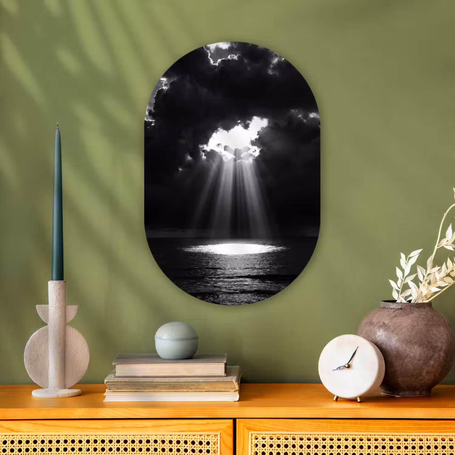 Licht - Wolken - Zee - Zwart-wit - Natuur Wandcirkel Ovaal Forex klein -sfeer2