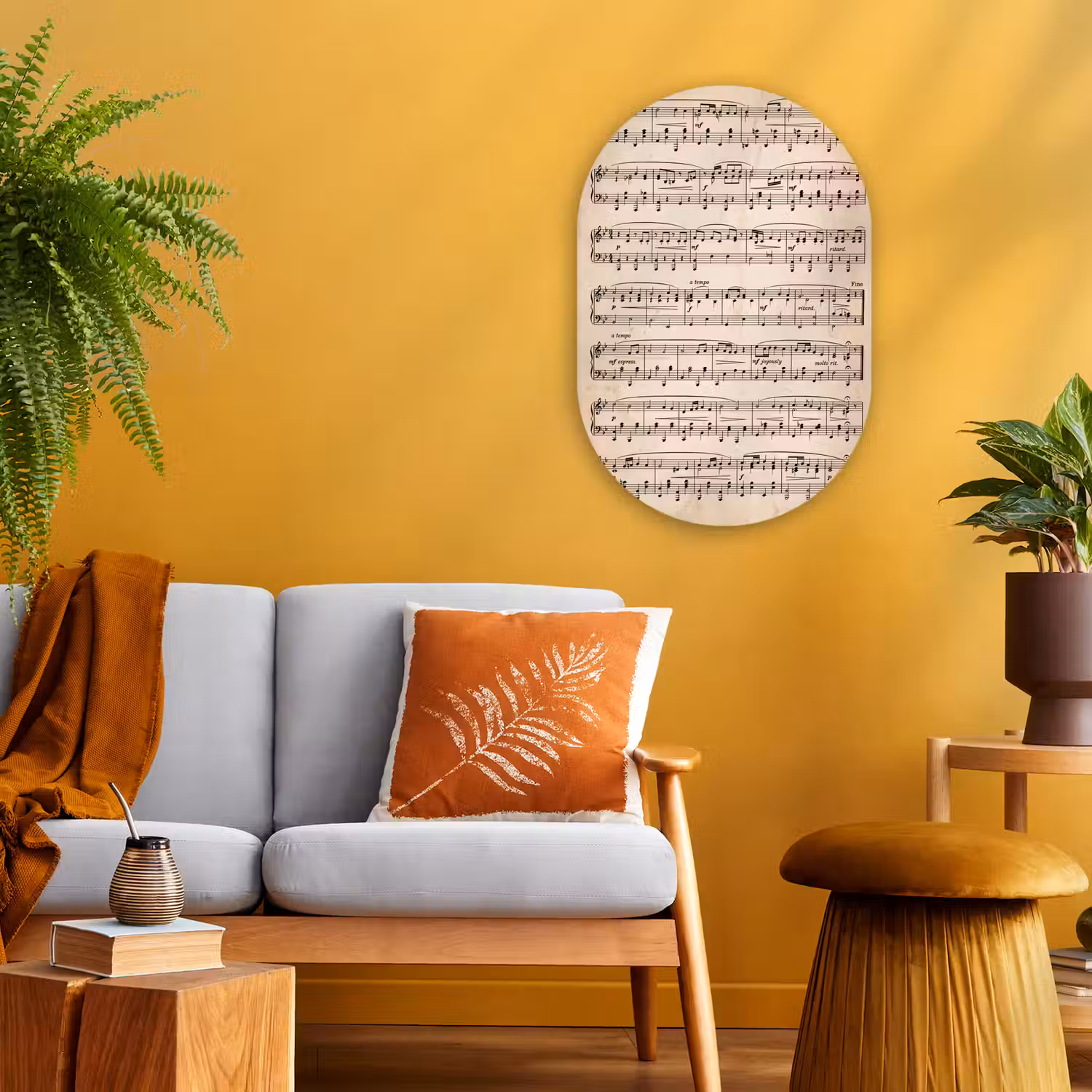 Muzieknotatie - Notenbalken - Kunst - Klassiek - Beige Wandcirkel Ovaal Forex klein -sfeer4