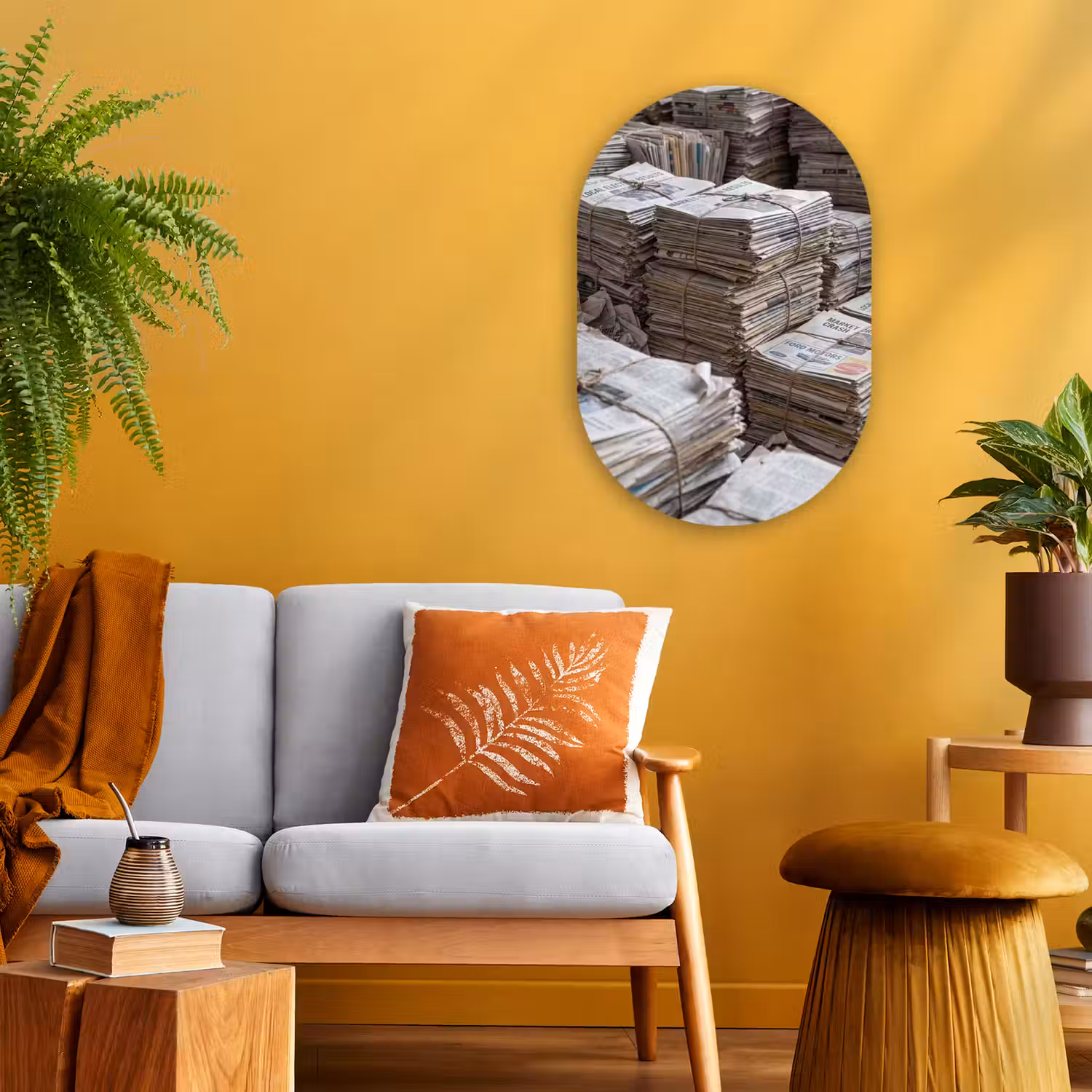 Kranten - Stapels - Touw - Informatie - Vintage Wandcirkel Ovaal Forex klein -sfeer4