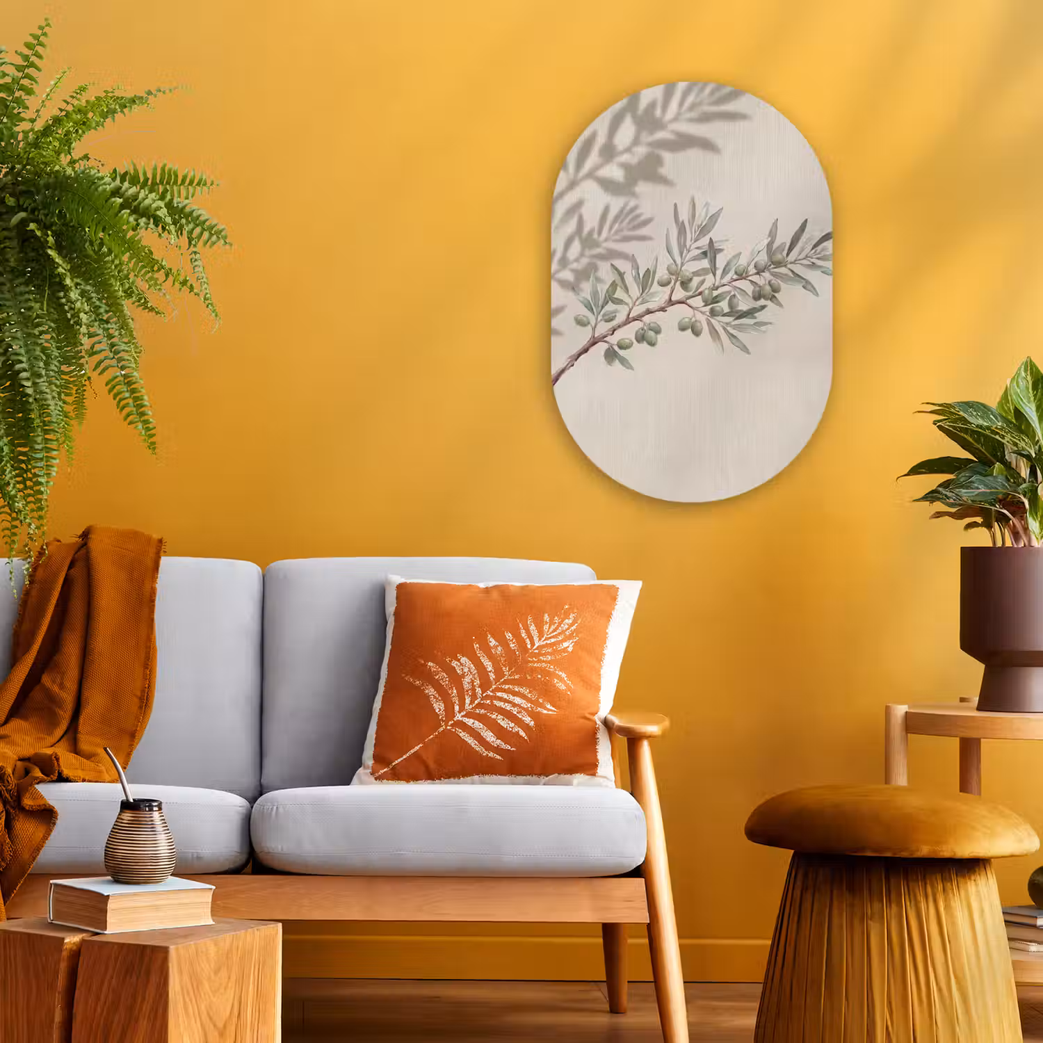 Olijftak - Bladeren - Natuur - Groen - Beige Wandcirkel Ovaal Forex klein -sfeer4