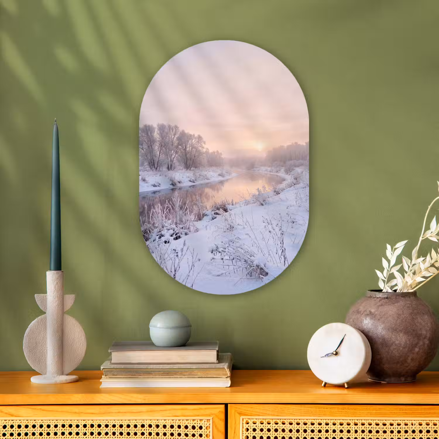 Rivier - Winter - Landschap - Sneeuw - Zonsopgang Wandcirkel Ovaal Forex klein -sfeer2
