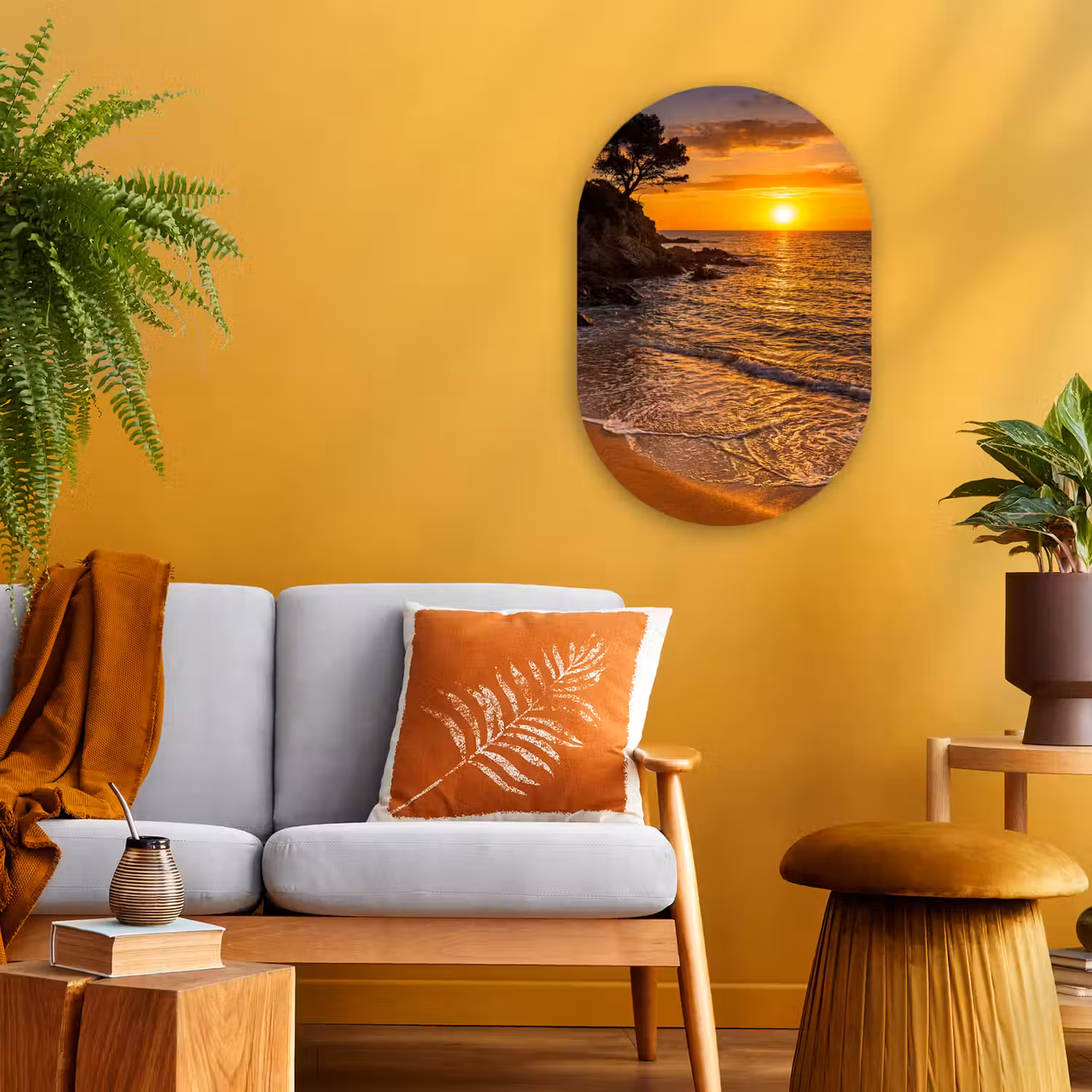 Zee - Kust - Zonsondergang - Natuur - Oranje Wandcirkel Ovaal Forex klein -sfeer4
