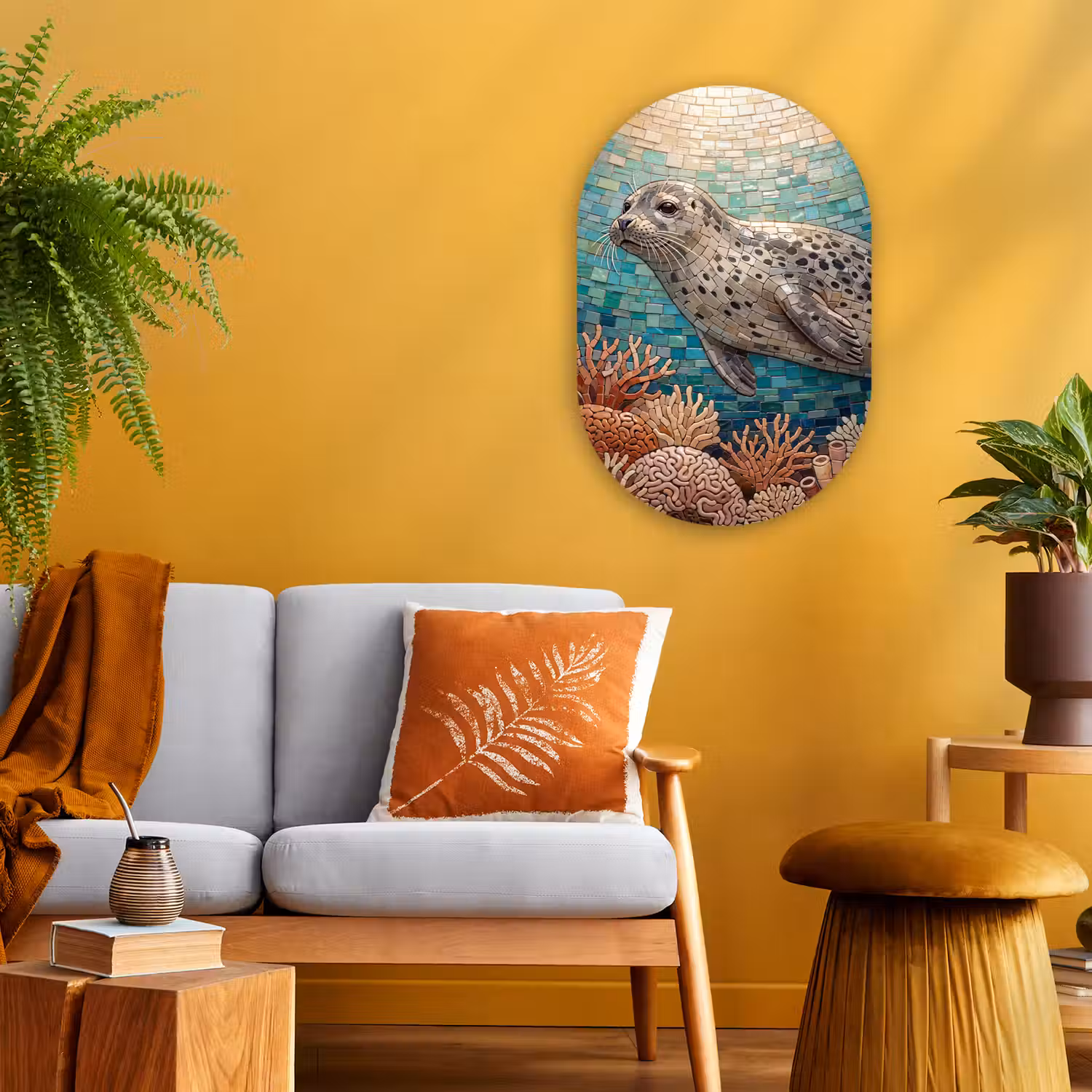 Zeehond - Mozaïek - Onderwater - Dieren - Blauw Wandcirkel Ovaal Forex klein -sfeer4