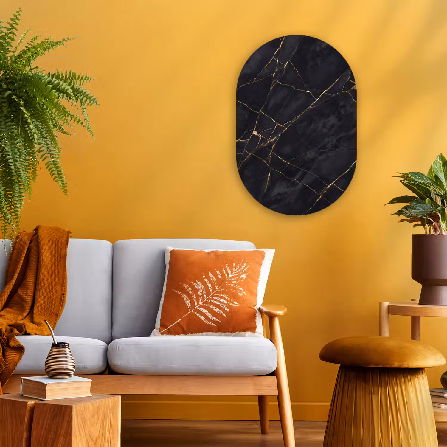 Textuur - Gouden lijnen - Abstract - Modern - Zwart Wandcirkel Ovaal Forex klein -sfeer4