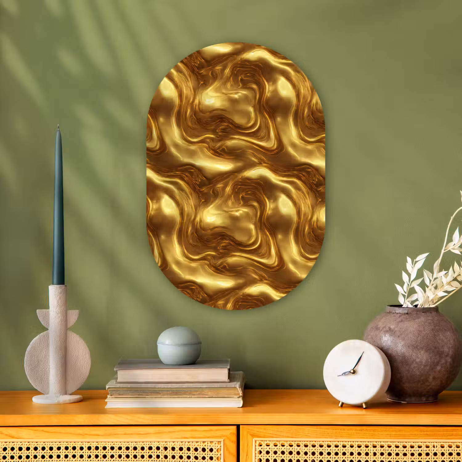 Textuur - Vloeibaar - Organisch - Goud Wandcirkel Ovaal Forex klein 630 -sfeer2