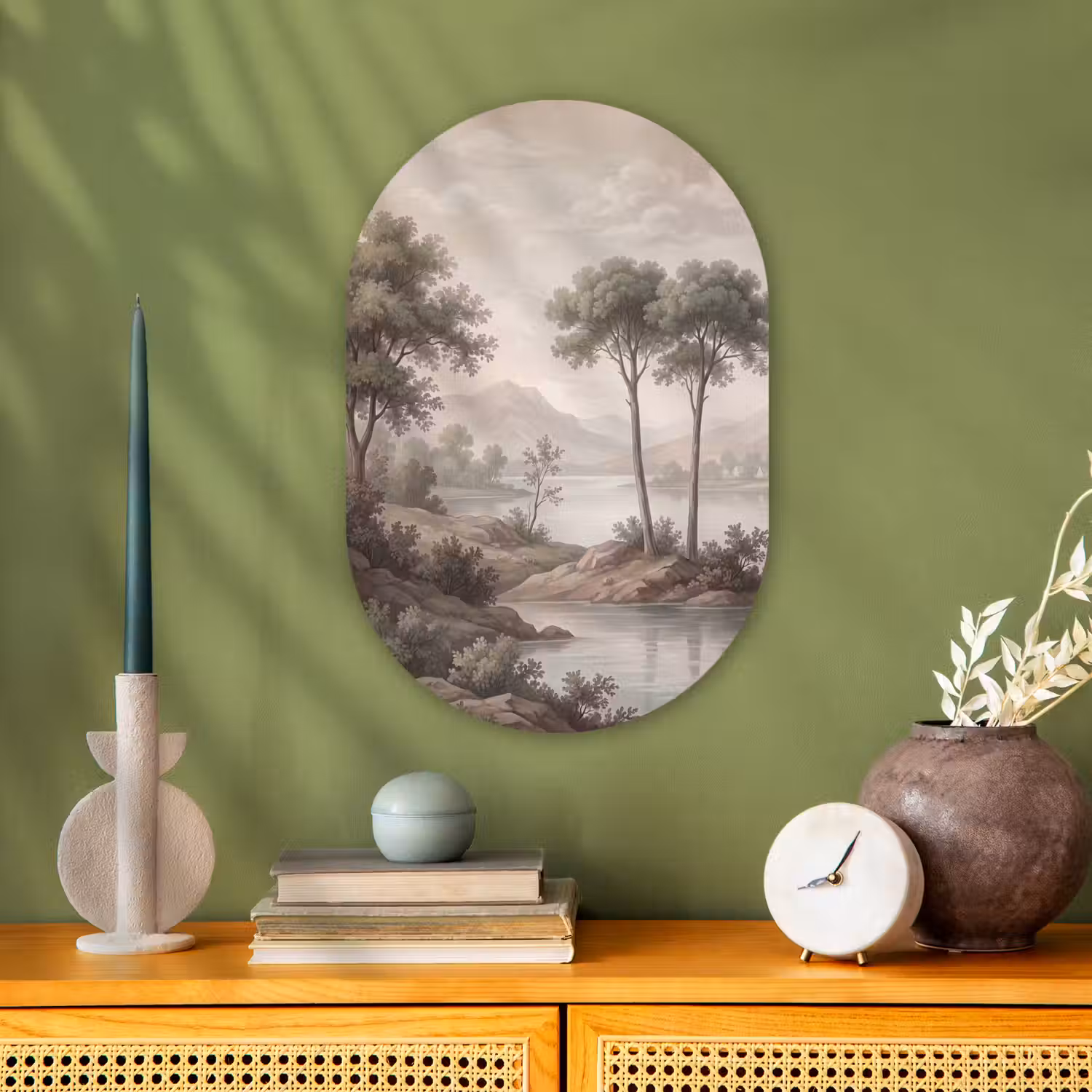 Bomen - Meer - Bergen - Illustratie Wandcirkel Ovaal Forex klein -sfeer2