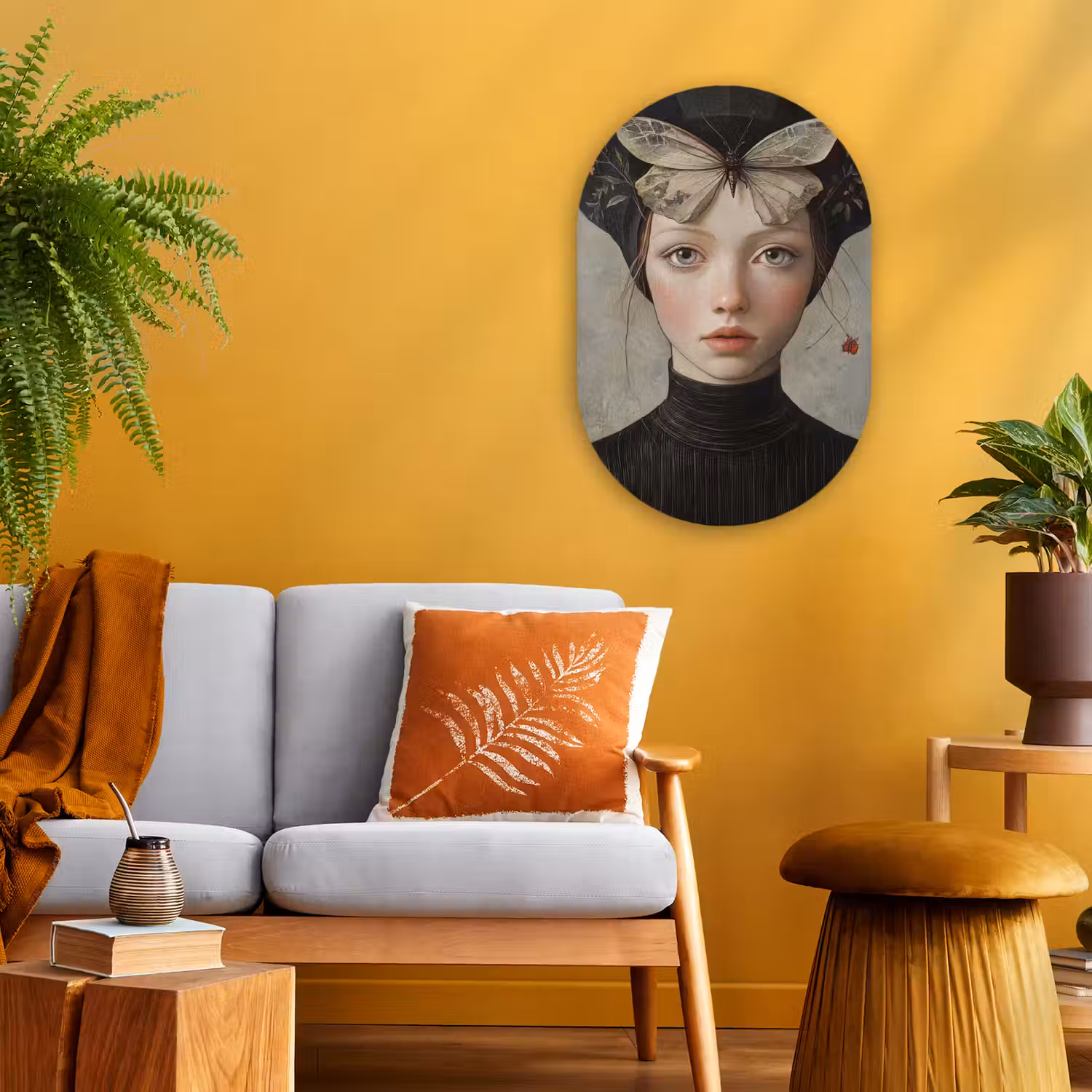 Woman - Butterfly - Art - Classic - Muted Wandcirkel Ovaal Forex klein -sfeer4