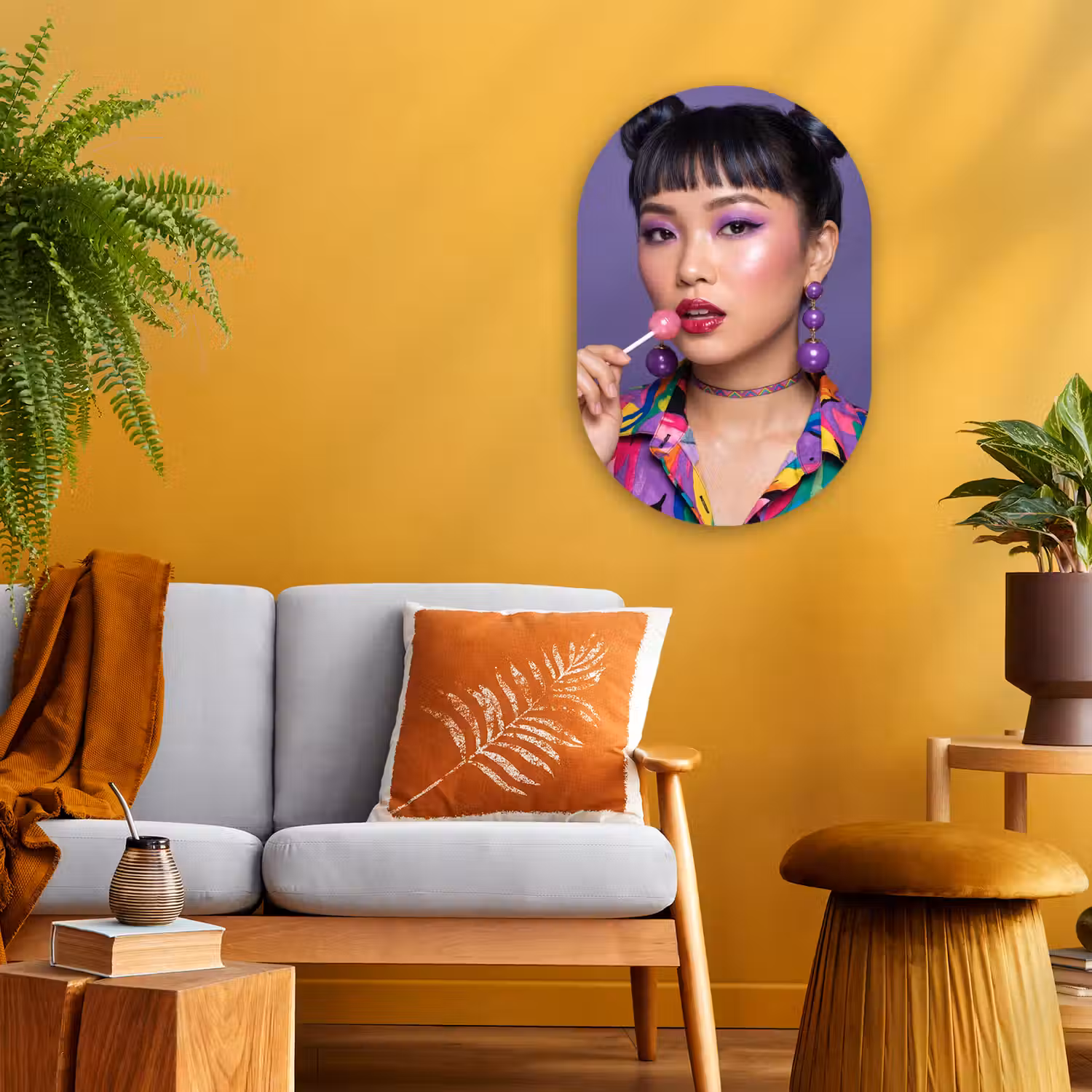 Vrouw - Portret - Make-up - Paars - Levendig Wandcirkel Ovaal Forex klein -sfeer4