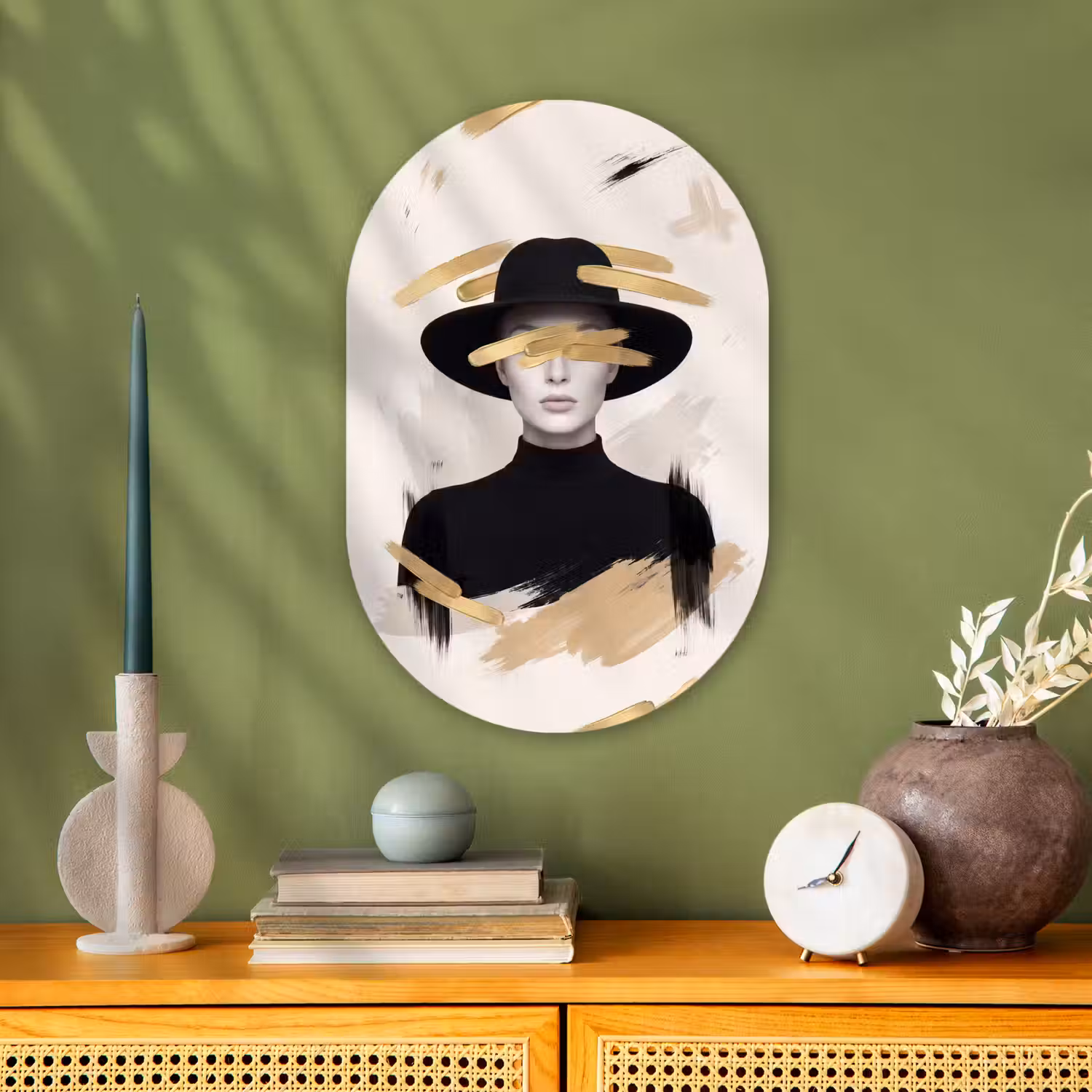 Vrouw - Portret - Modern - Goud - Kunst Wandcirkel Ovaal Forex klein -sfeer2