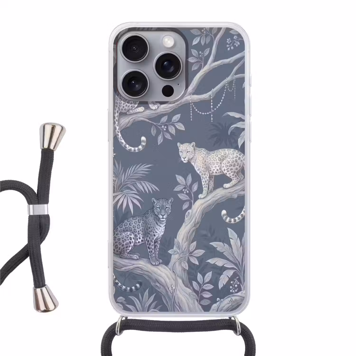 Dieren - Jungle - Illustratie - Bomen - Blauw Hoesje iPhone 16 Pro Max met koord klein -3d
