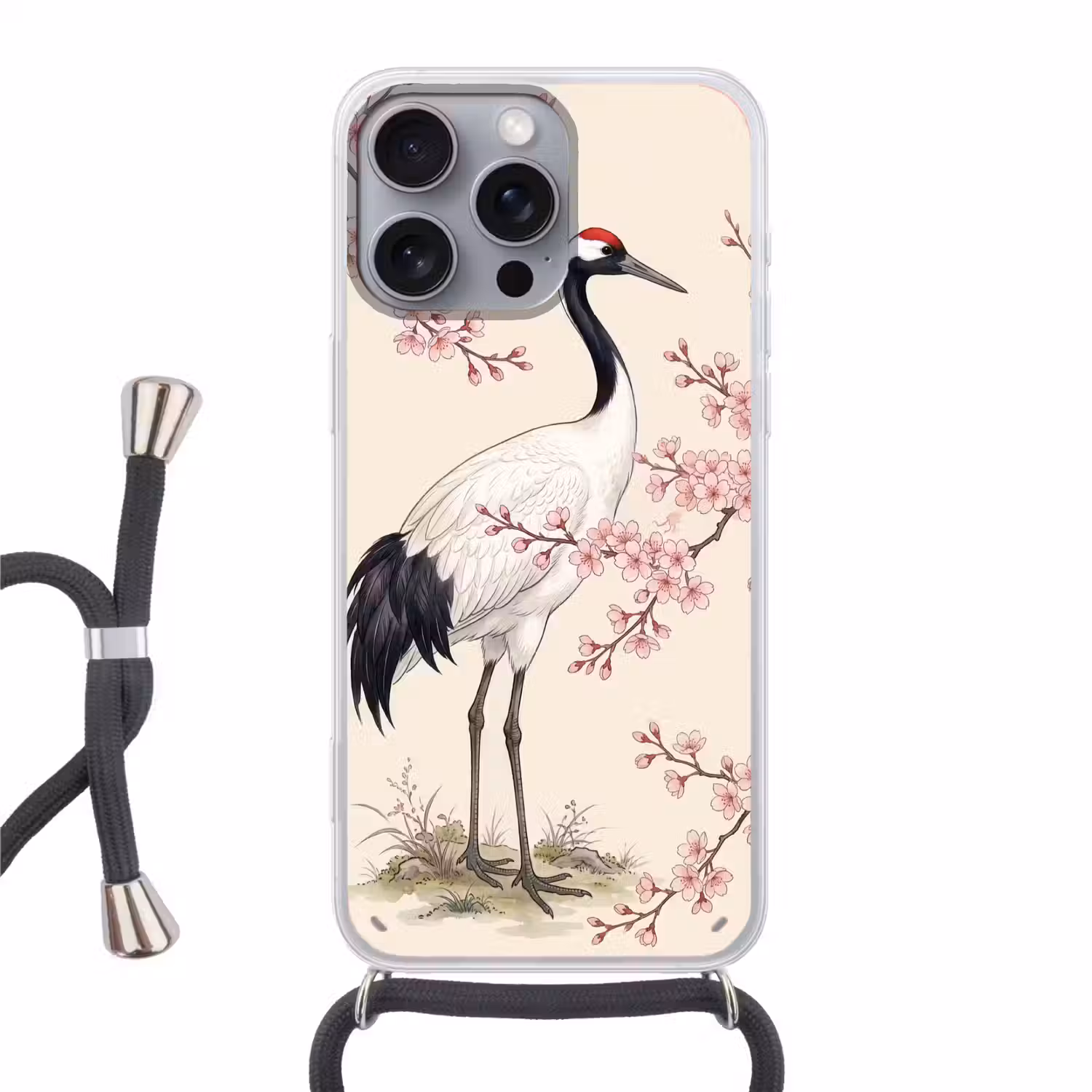 Aziatisch - Kraanvogel - Beige Hoesje iPhone 16 Pro Max met koord klein -3d