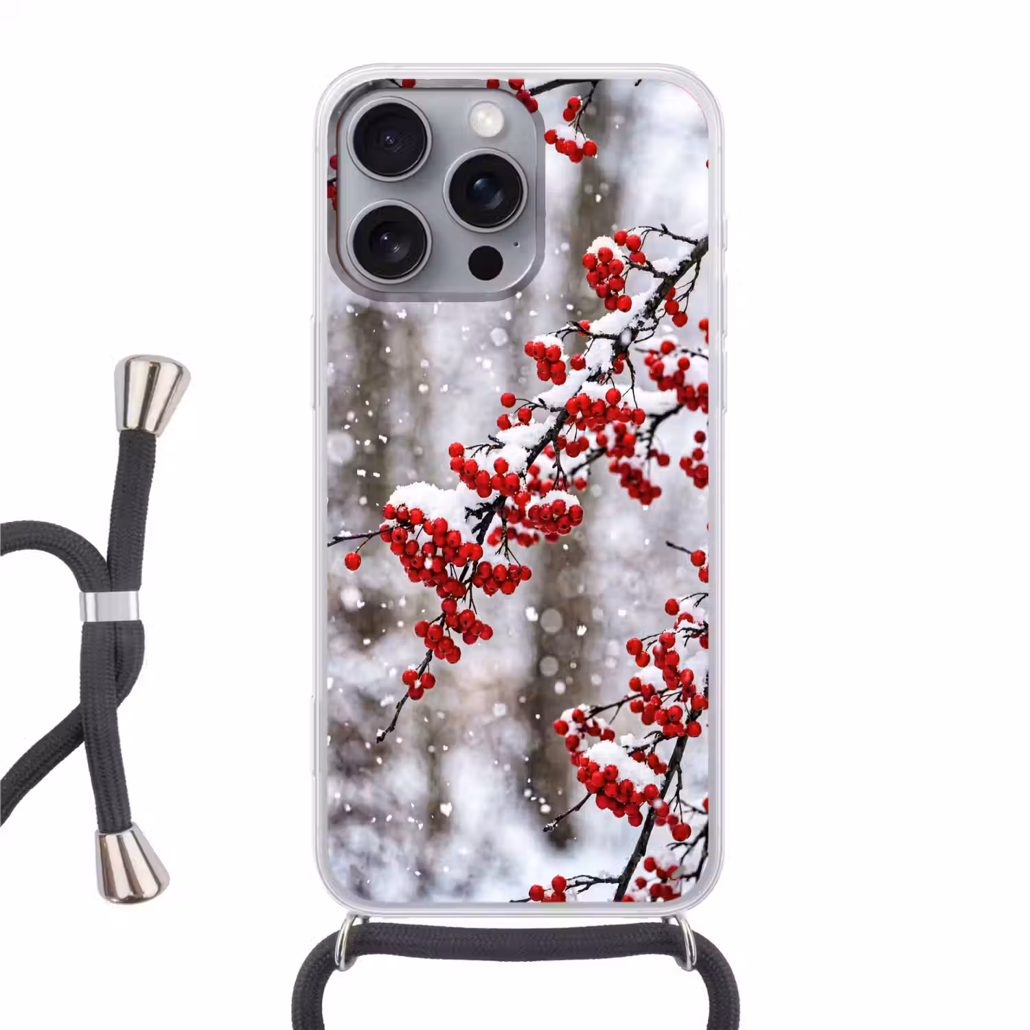 Bessen - Takken - Sneeuw - Winter - Kleurrijk Hoesje iPhone 16 Pro Max met koord klein -3d