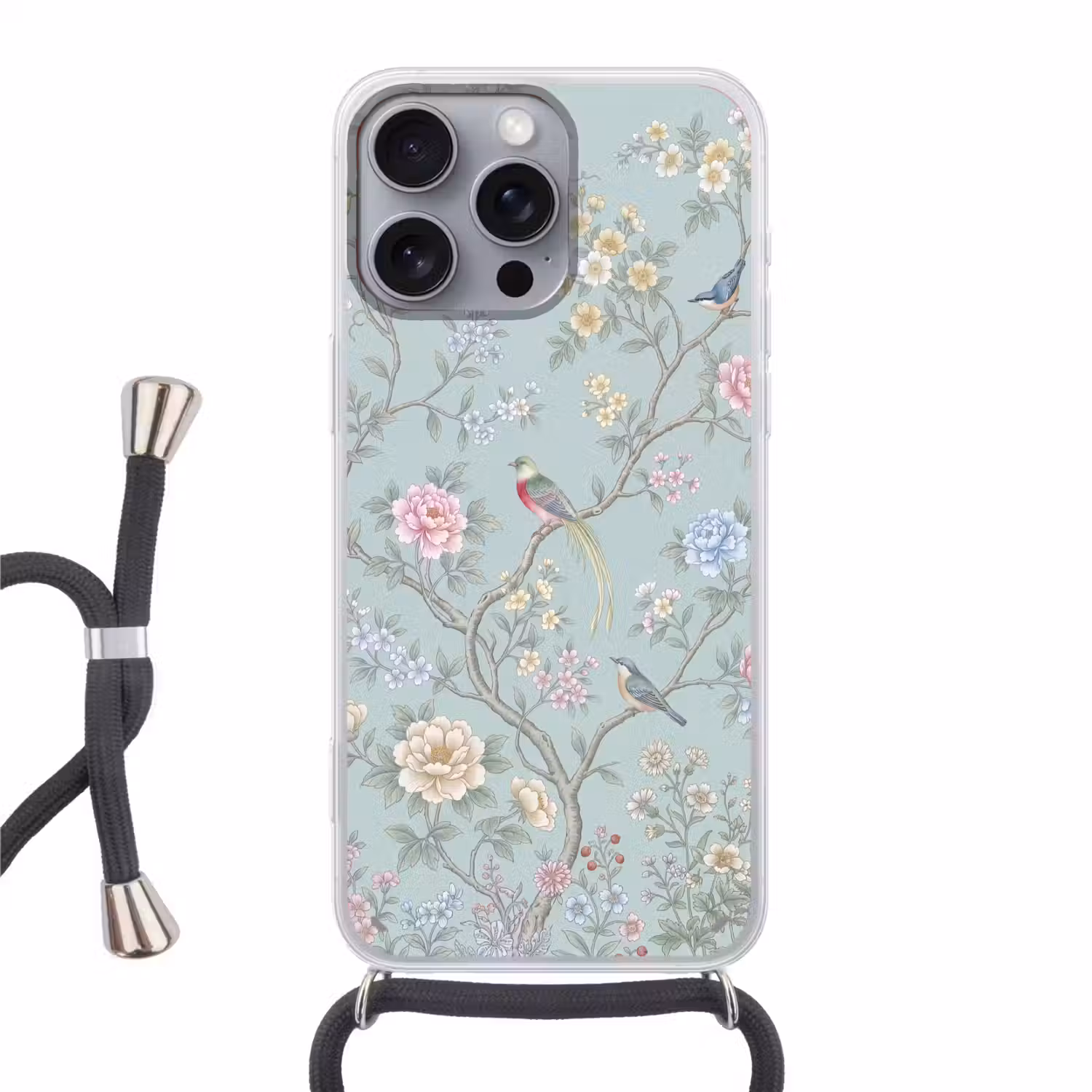 Vogel - Bloemen - Kleurrijk Hoesje iPhone 16 Pro Max met koord klein -3d