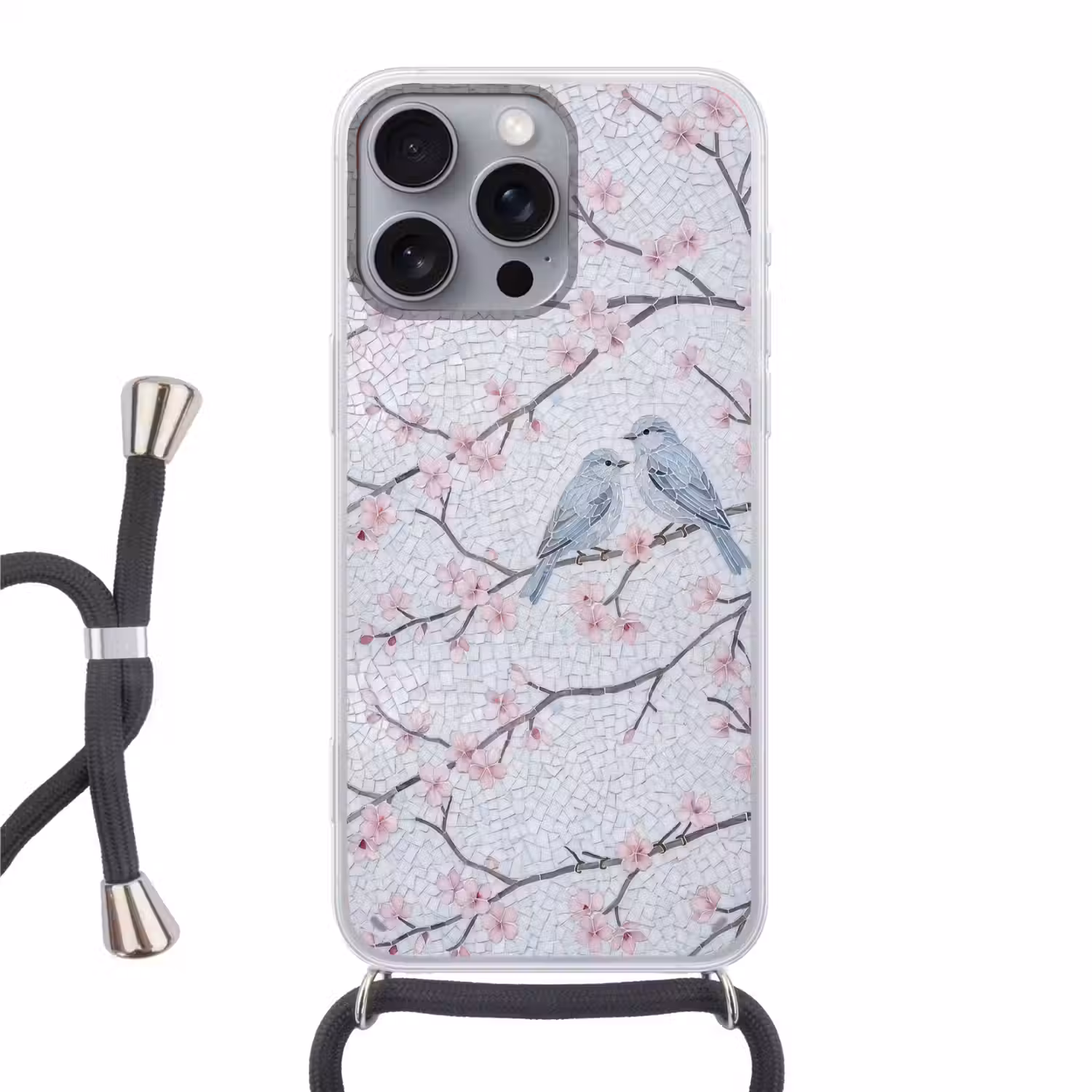 Vogel - Bloemen - Natuur - Mozaïek - Roze Hoesje iPhone 16 Pro Max met koord klein -3d