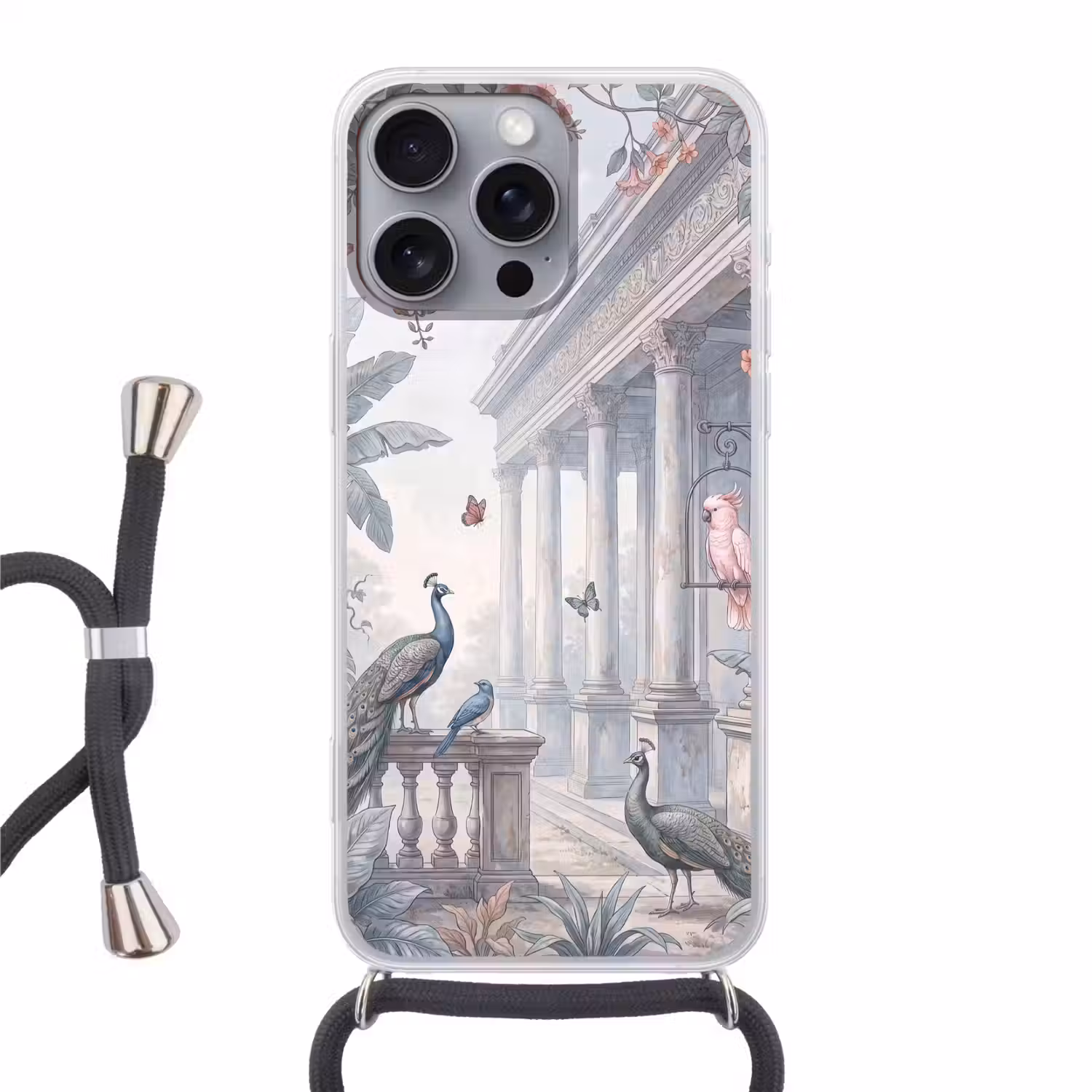 Vogel - Pauw - Architectuur - Klassiek - Groen Hoesje iPhone 16 Pro Max met koord klein -3d