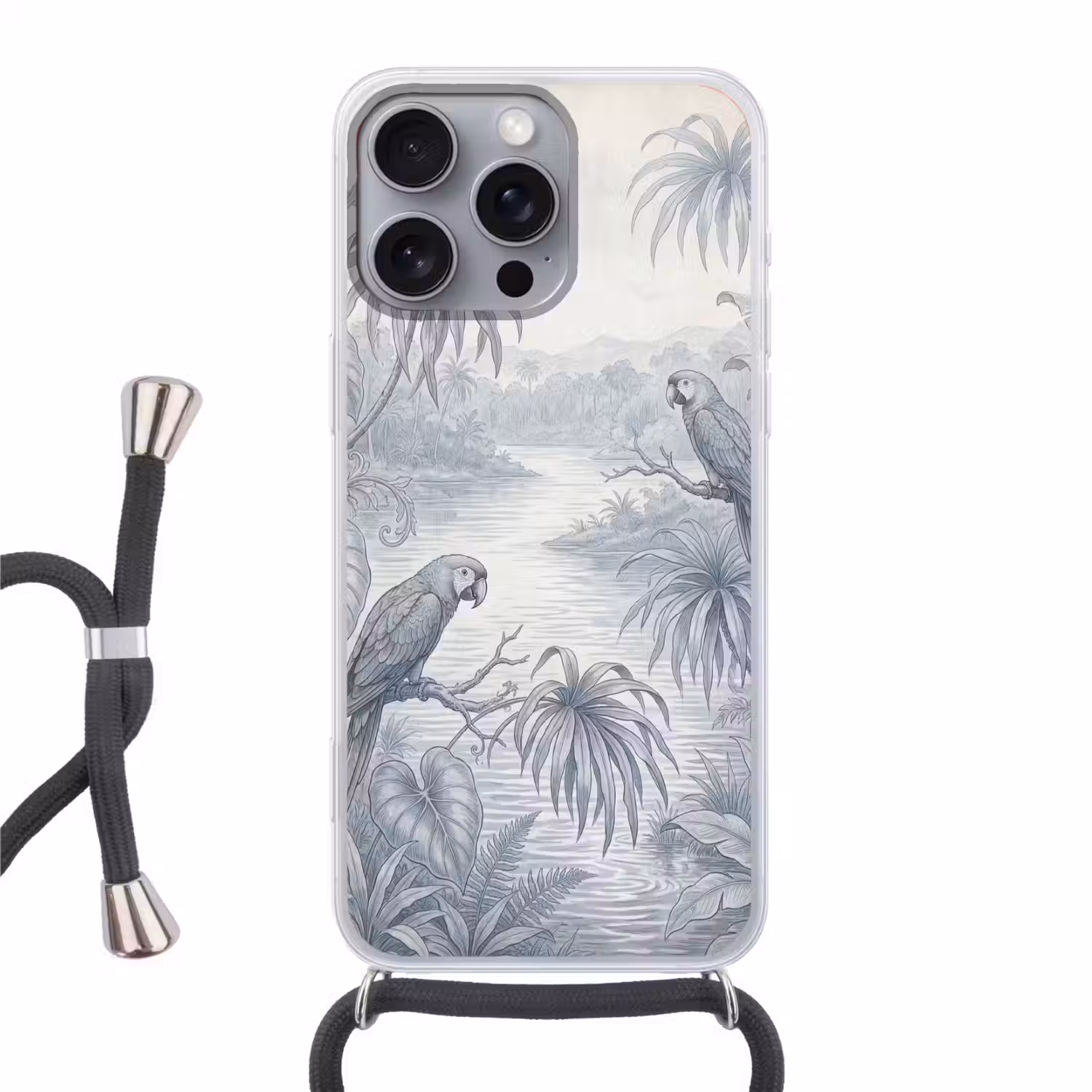 Vogel - Rivier - Tropisch - Illustratie - Blauw Hoesje iPhone 16 Pro Max met koord klein -3d