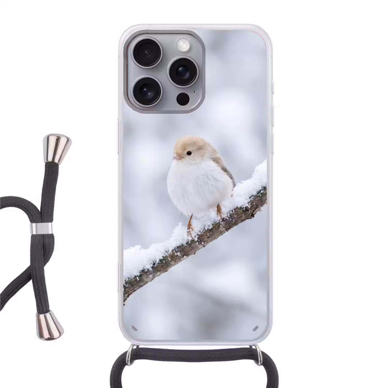 Vogeltje - Sneeuw - Tak - Winter - Zacht Hoesje iPhone 16 Pro Max met koord klein -3d