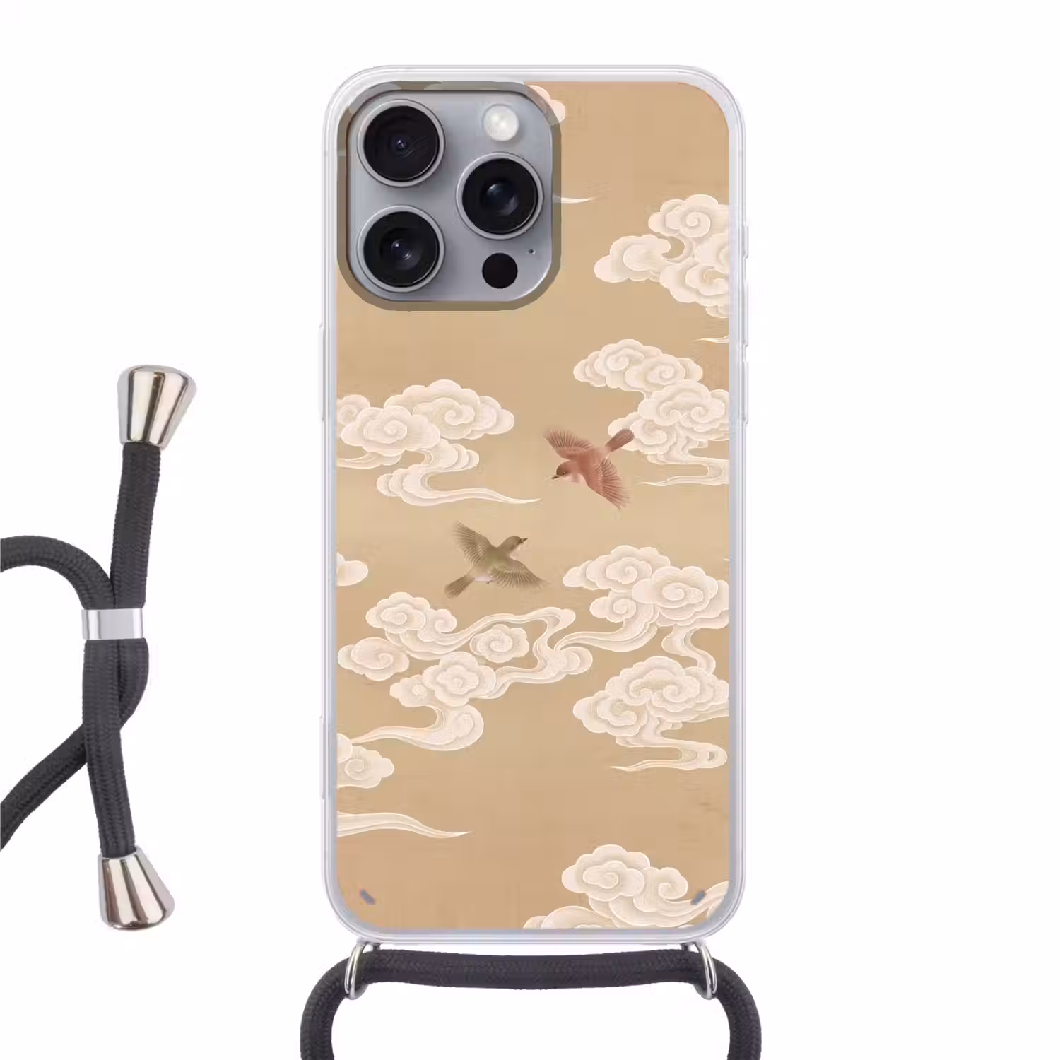 Vogels - Vliegen - Beige Hoesje iPhone 16 Pro Max met koord klein -3d