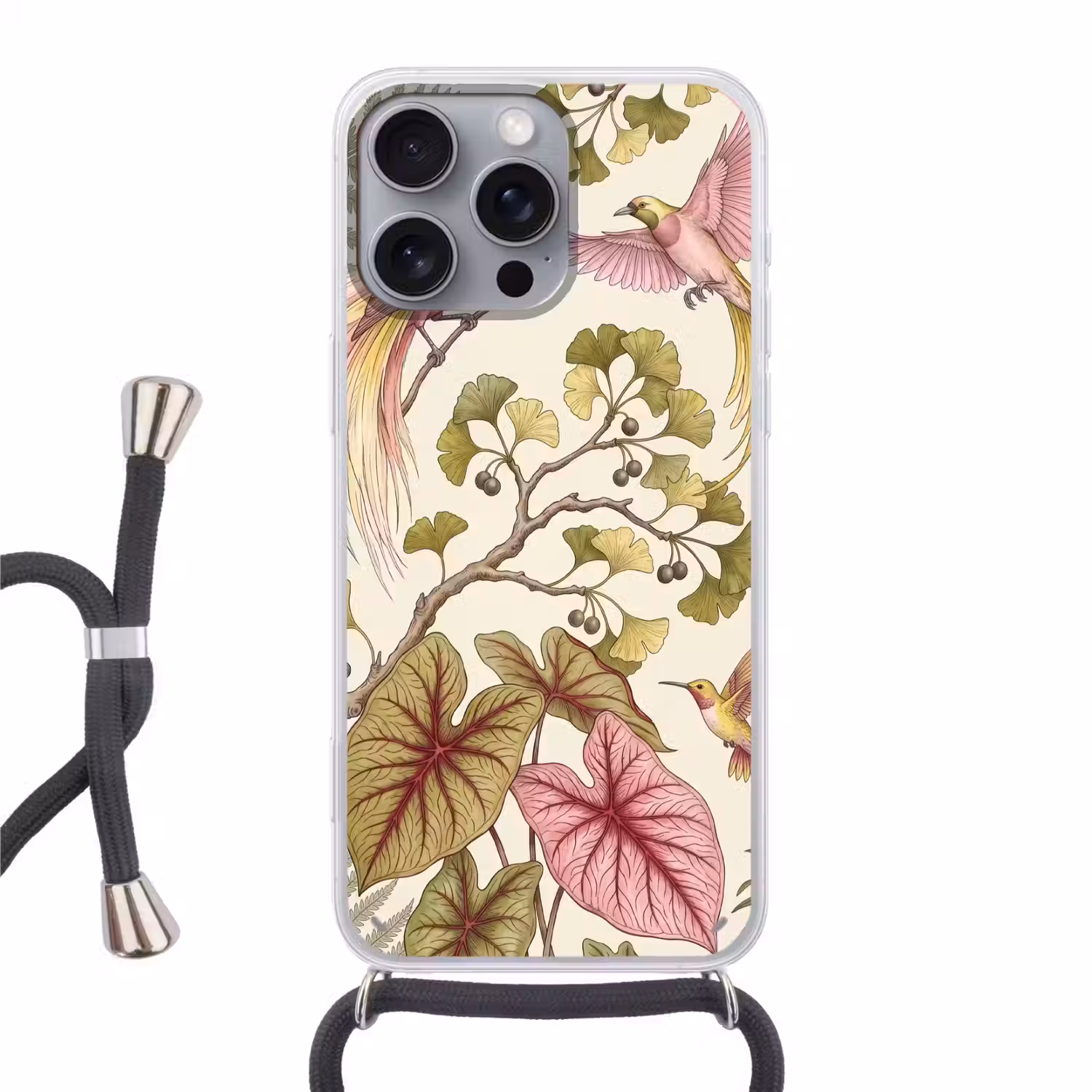 Vogels - Tropisch - Botanisch - Roze Hoesje iPhone 16 Pro Max met koord klein -3d