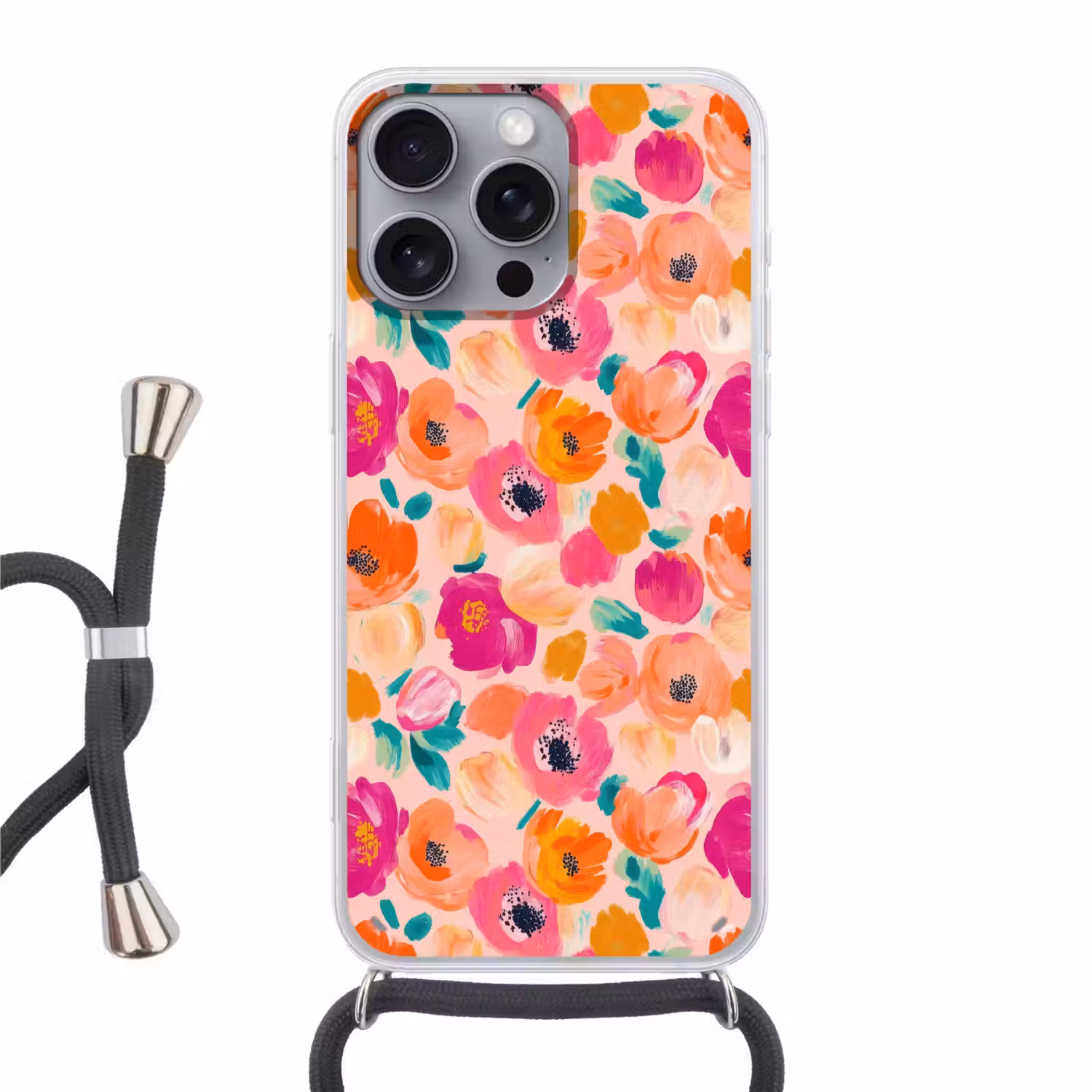 Bloesems - Vrolijk - Kleurrijk Hoesje iPhone 16 Pro Max met koord klein 804 -3d