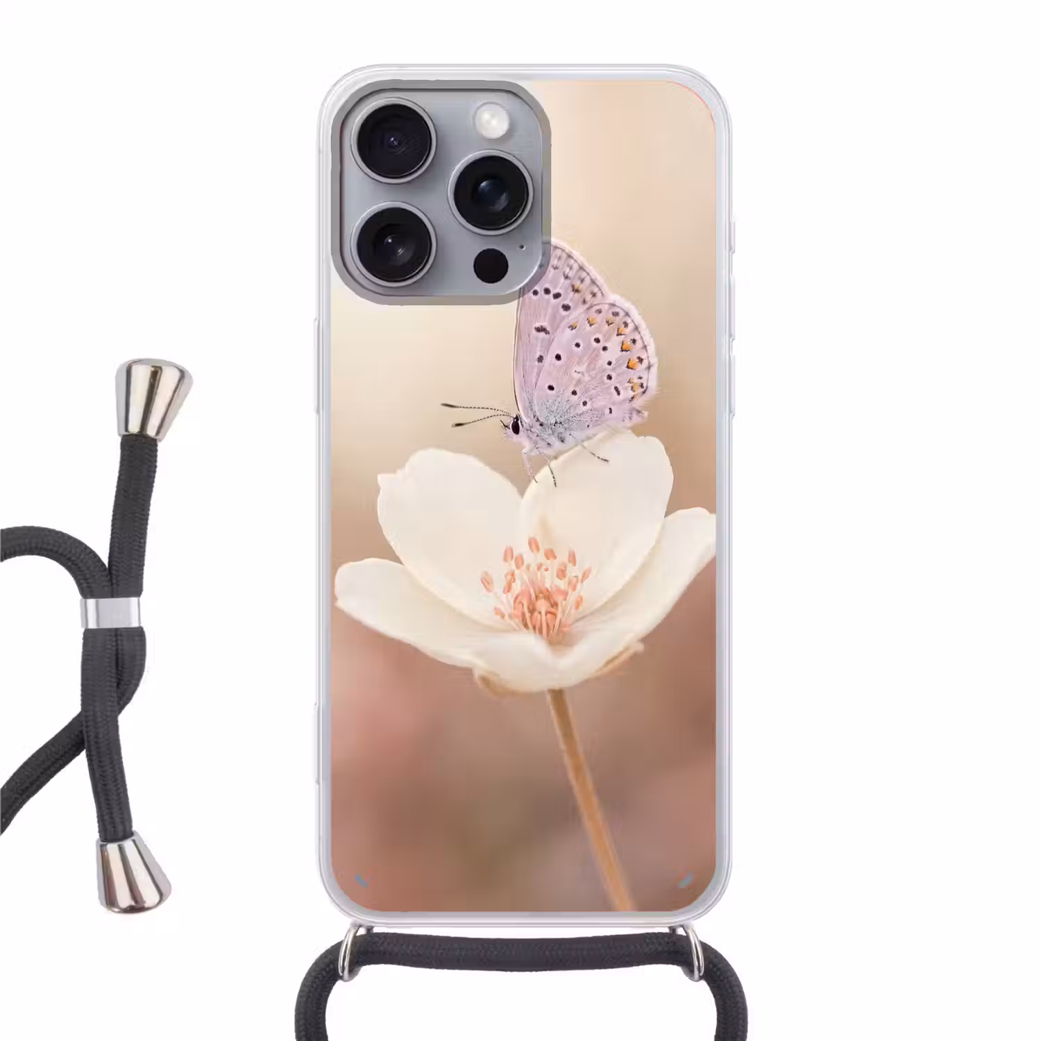 Vlinder - Bloem - Blauw Hoesje iPhone 16 Pro Max met koord klein -3d