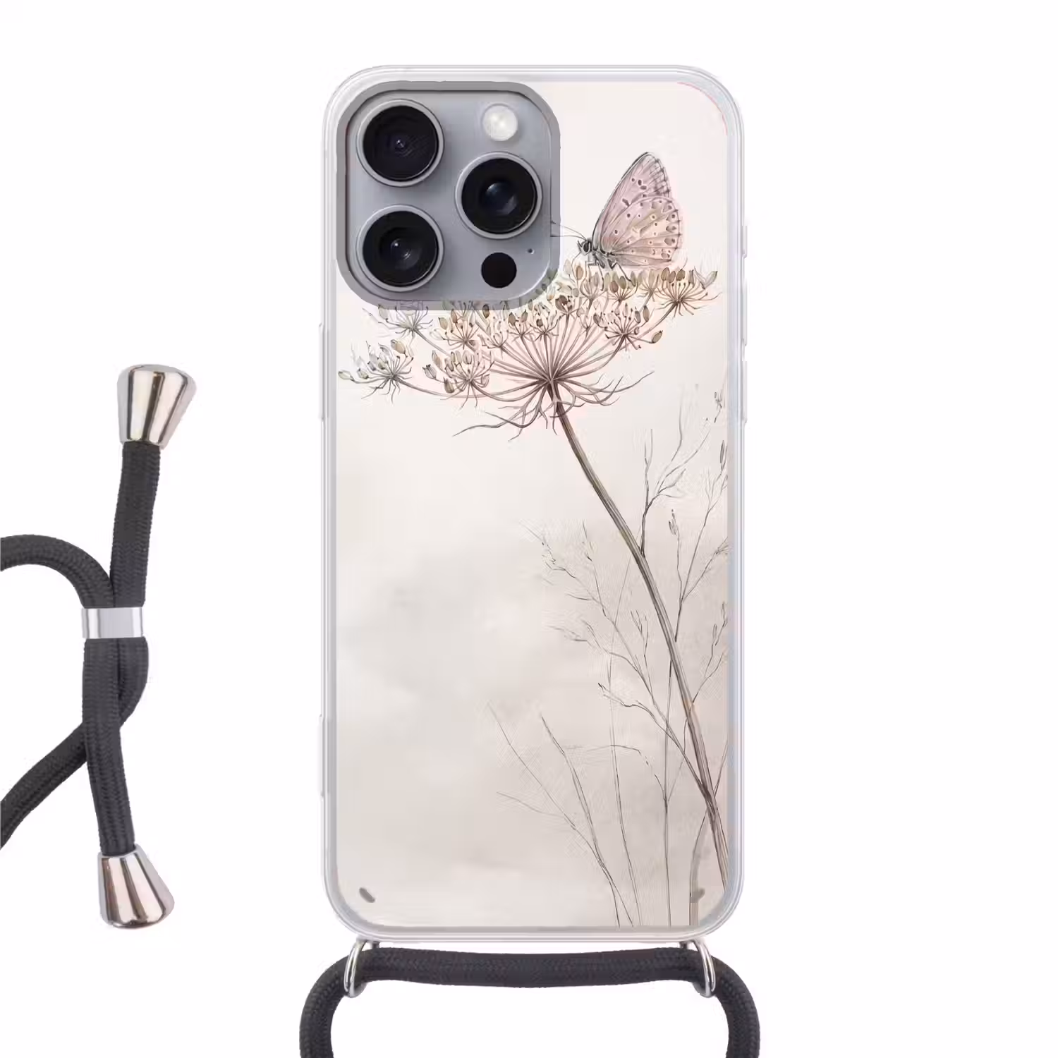 Vlinder - Bloem -Natuur - Beige Hoesje iPhone 16 Pro Max met koord klein -3d