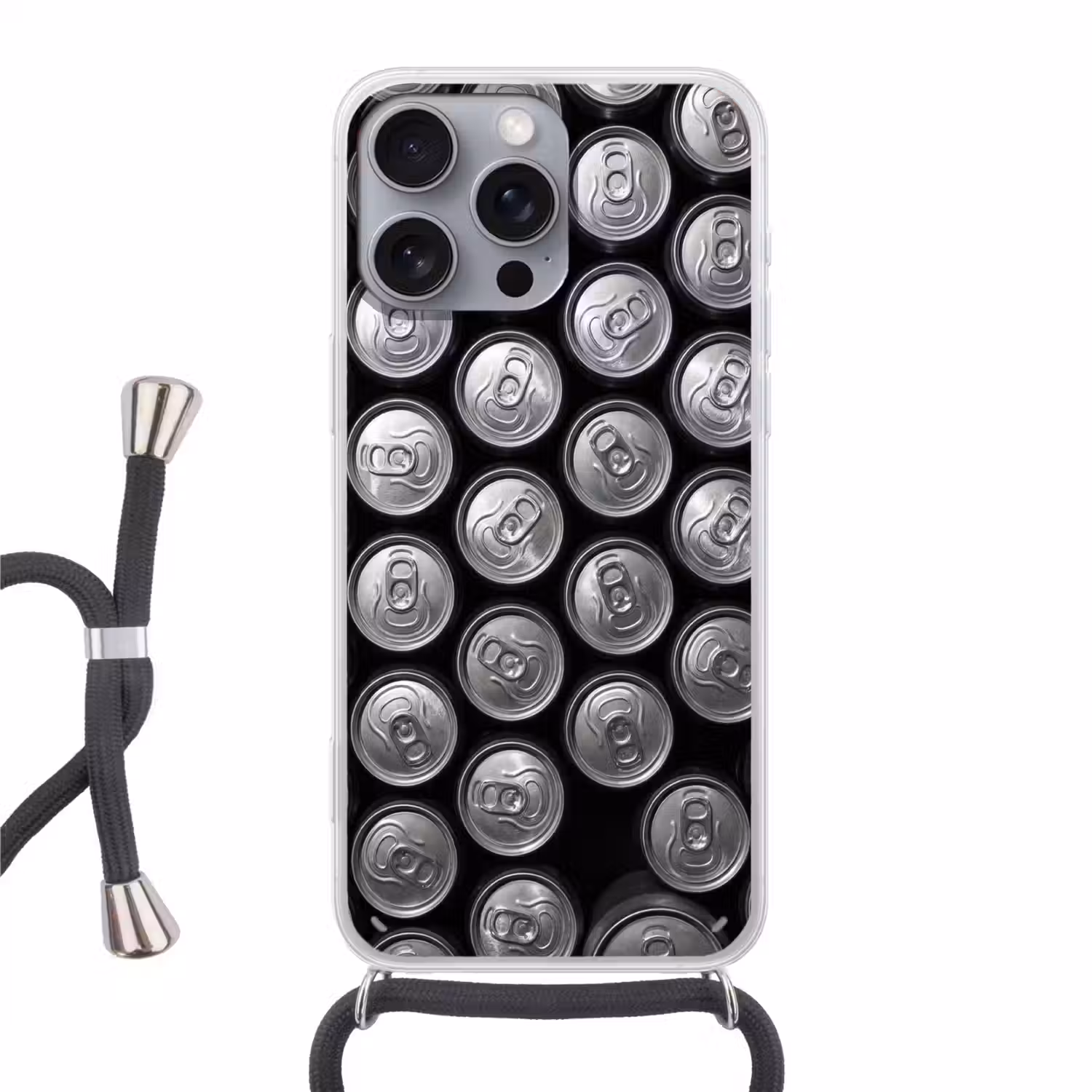 Blikjes - Aluminium - Patroon - Industrieel - Zilver Hoesje iPhone 16 Pro Max met koord klein -3d