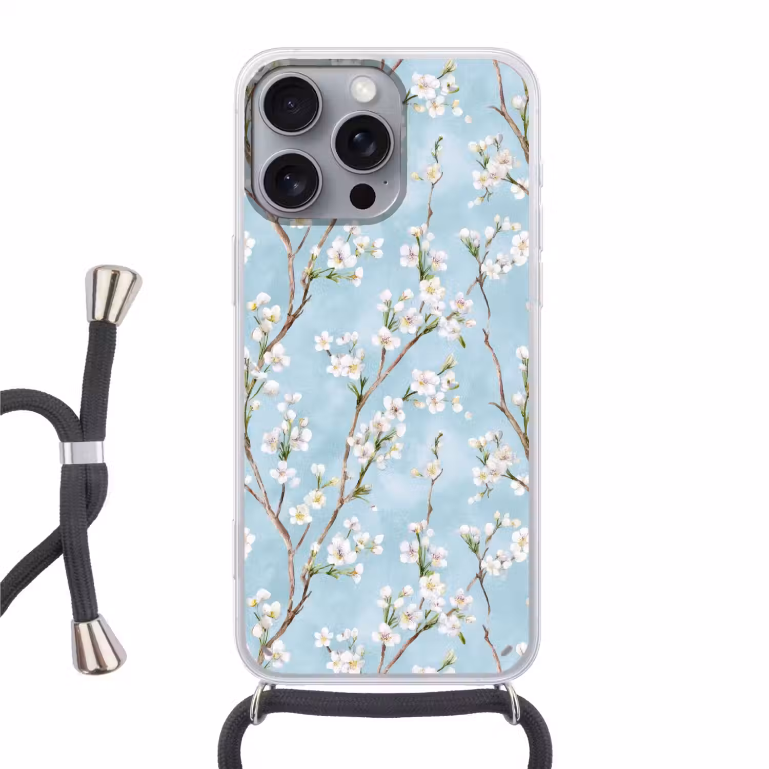 Kersenbloesem - Textuur - Blauw Hoesje iPhone 16 Pro Max met koord klein 804 -3d