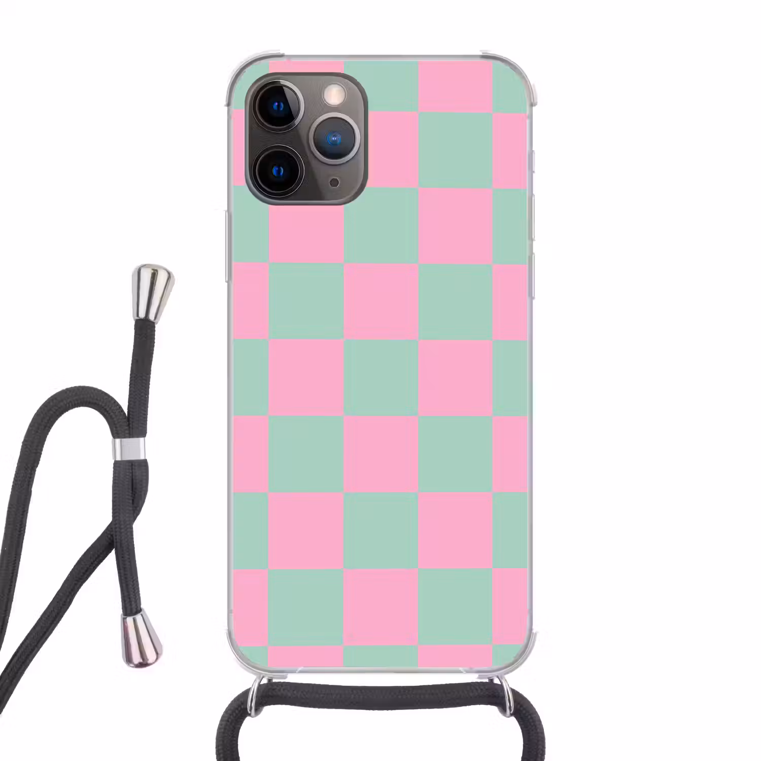 Schaakbord patroon - Groen - Roze - Blokjes Hoesje iPhone 12 Pro met koord klein -3d
