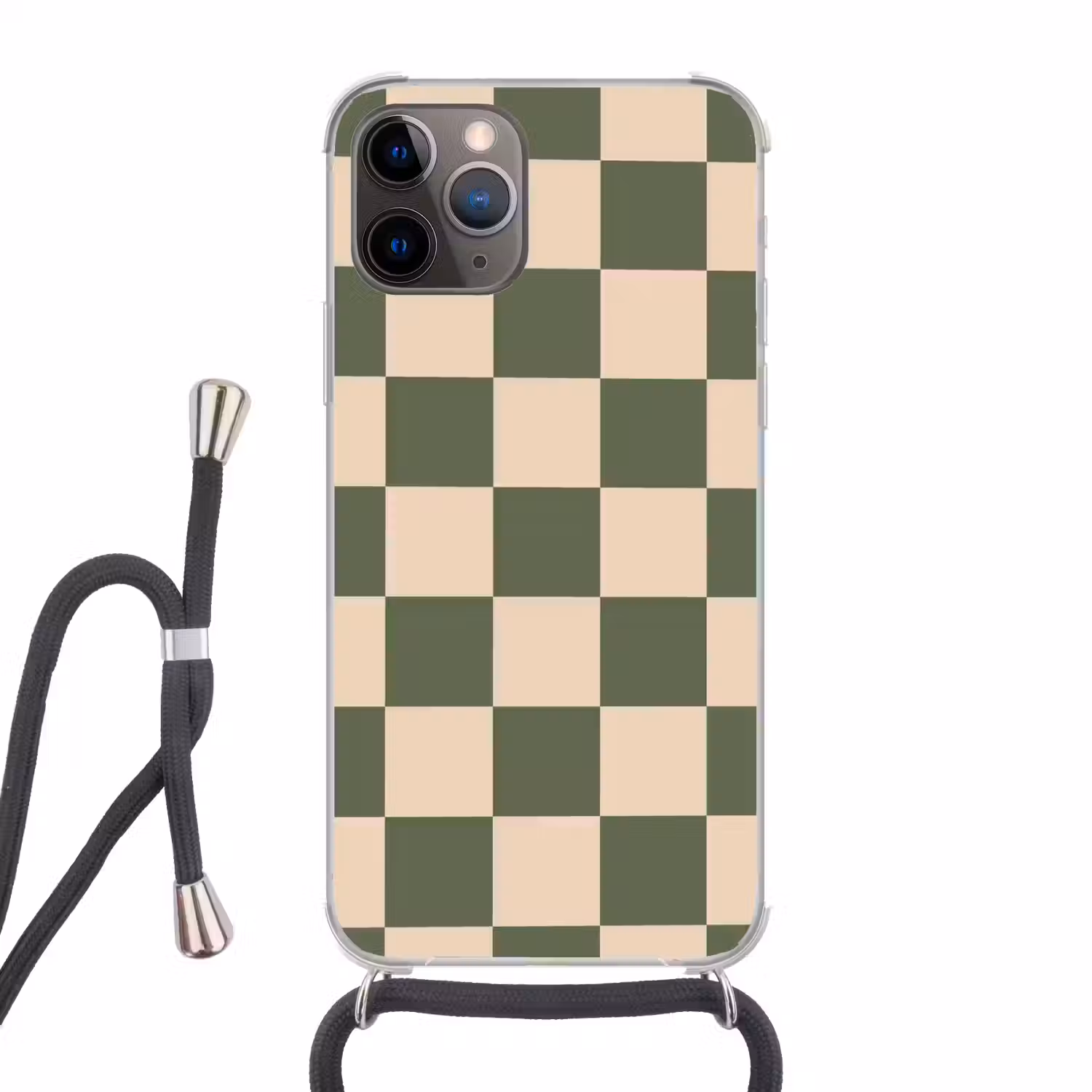 Schaakbord print - Groen - Beige - Blokjes Hoesje iPhone 12 Pro met koord klein -3d