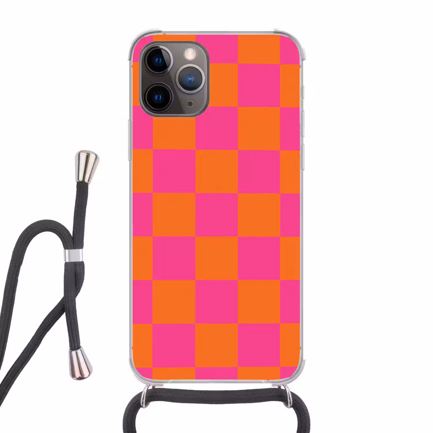 Schaakbord print - Oranje - Roze - Blokjes Hoesje iPhone 12 Pro met koord klein -3d