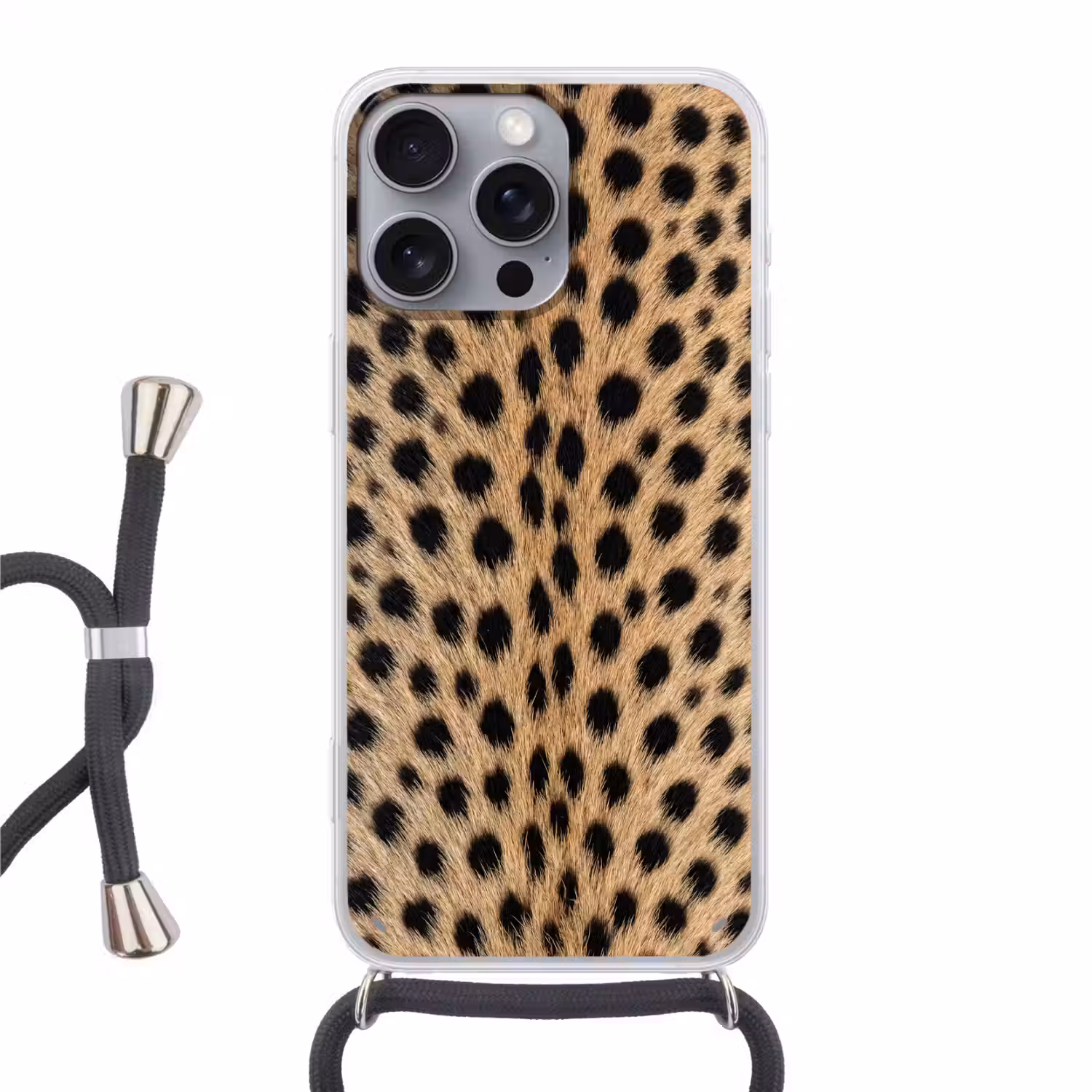 Vacht - Jachtluipaard - Zwart - Wit Hoesje iPhone 16 Pro Max met koord klein -3d
