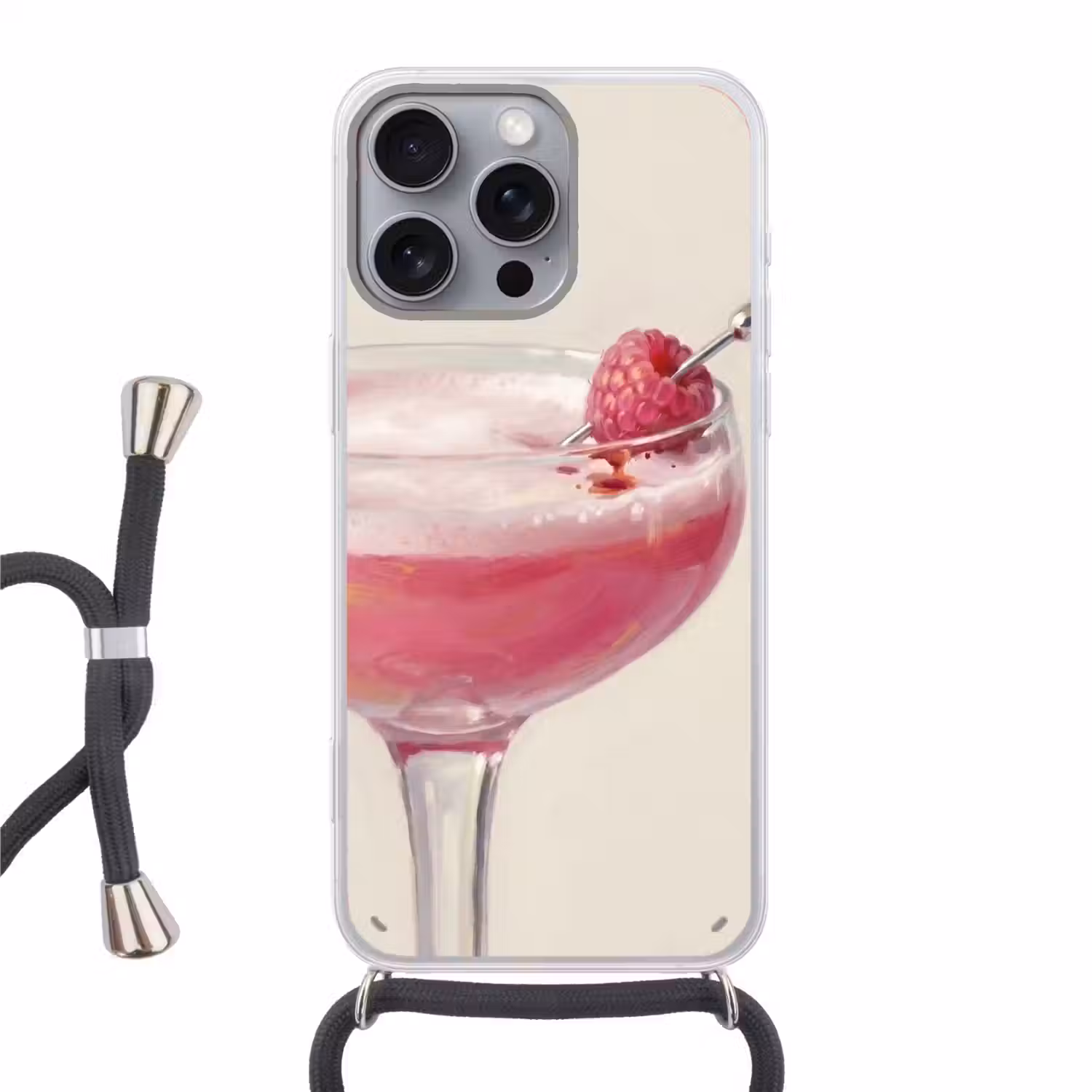 Cocktail - Framboos - Drank - Modern - Roze Hoesje iPhone 16 Pro Max met koord klein -3d