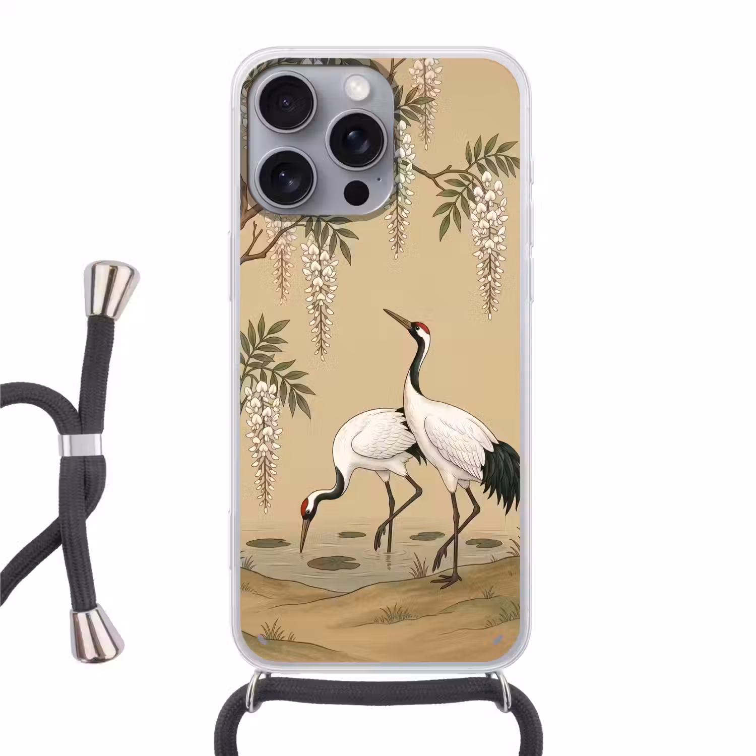 Kraanvogels - Water - Beige Hoesje iPhone 16 Pro Max met koord klein -3d