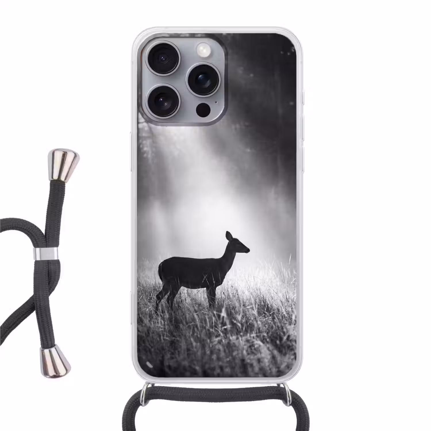 Hert - Bos - Zonnestralen - Zwart-wit - Natuur Hoesje iPhone 16 Pro Max met koord klein -3d