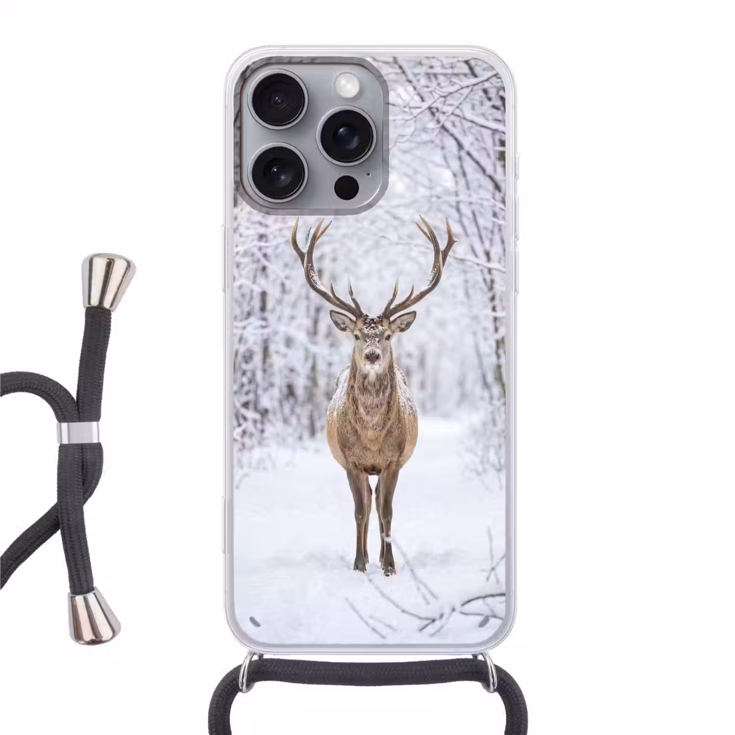 Hert - Winter - Bos - Natuur - Wit Hoesje iPhone 16 Pro Max met koord klein -3d