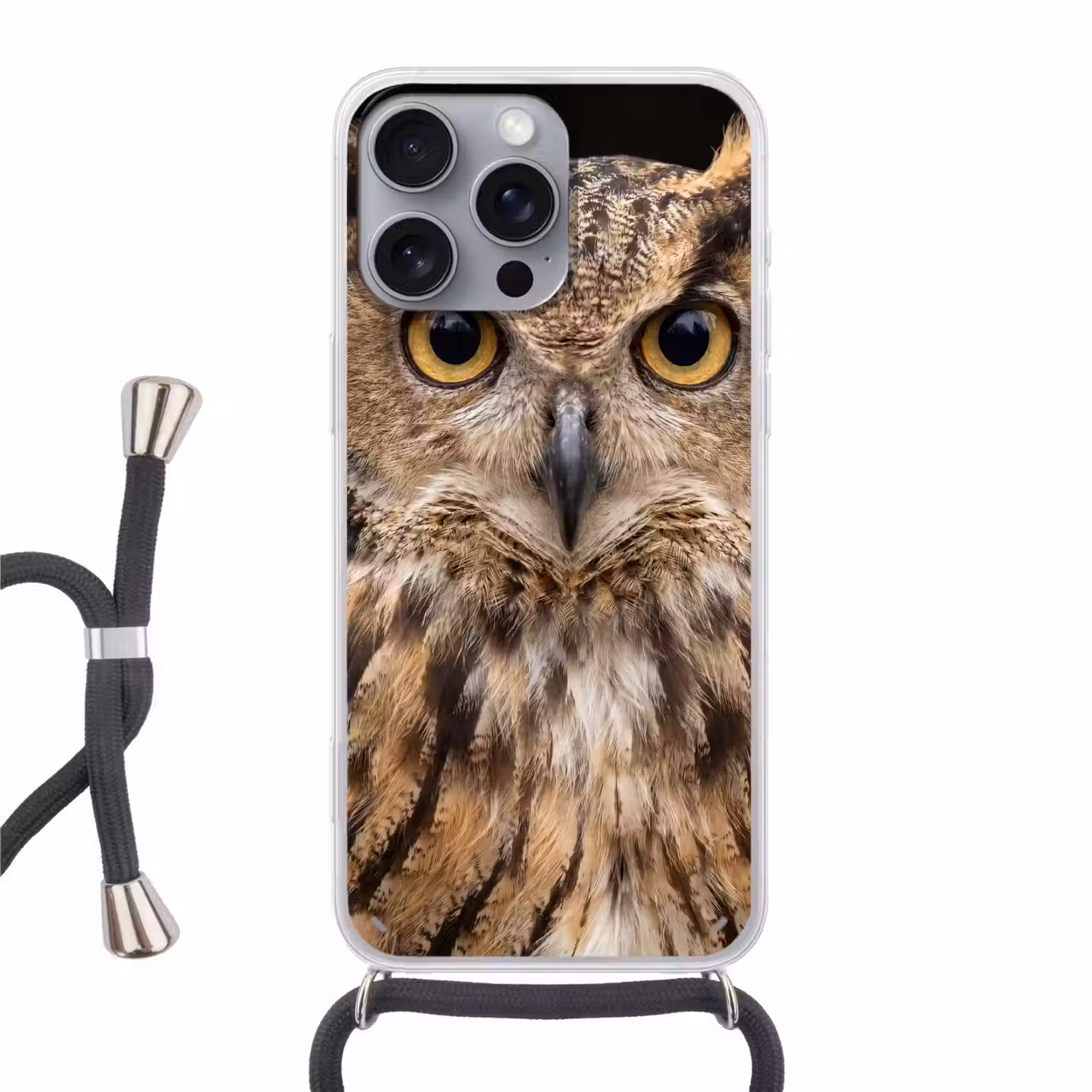 Oehoe - Uil - Portret - Bruin Hoesje iPhone 16 Pro Max met koord klein -3d