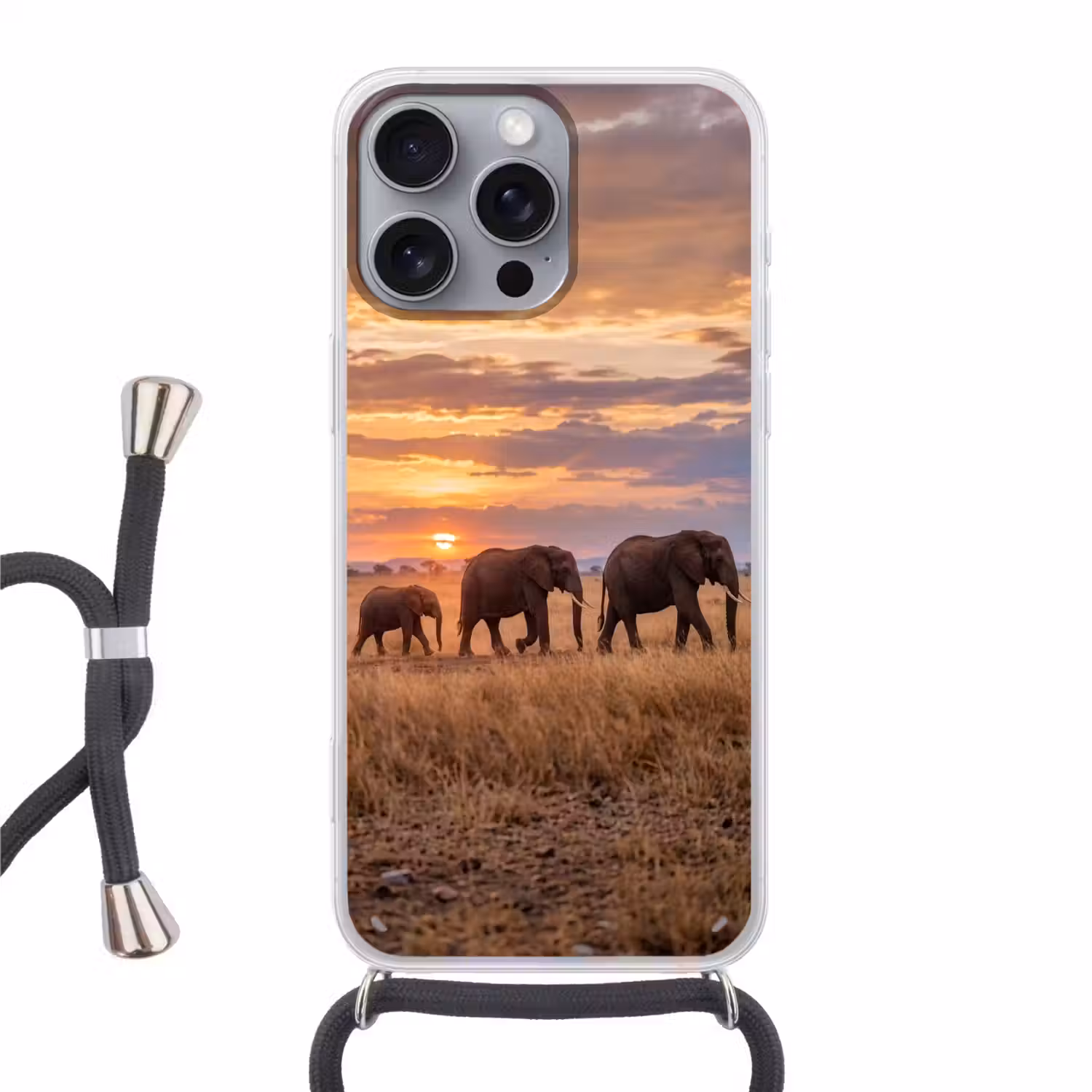 Olifanten - Savanne - Zonsondergang - Afrika - Warm Hoesje iPhone 16 Pro Max met koord klein -3d
