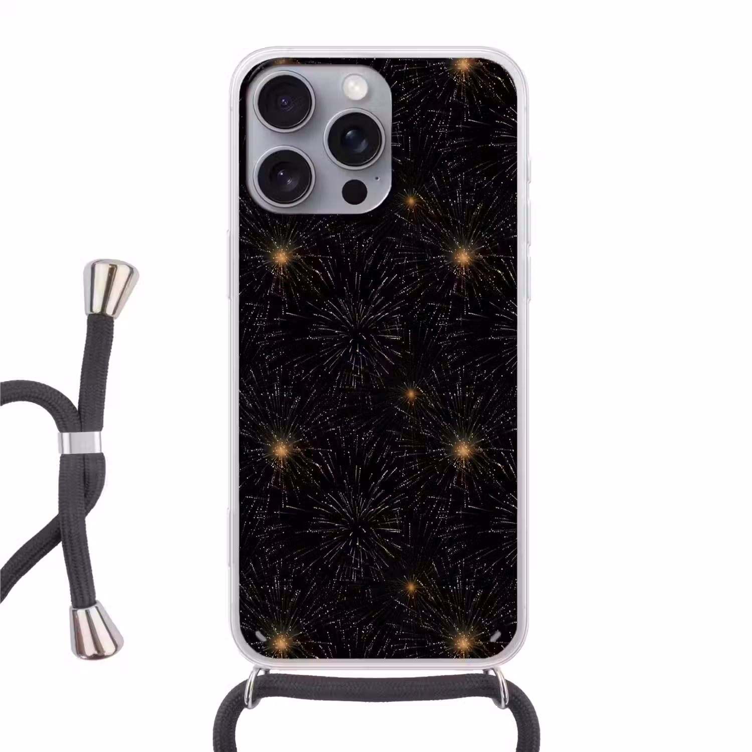 Vuurwerk - Patroon - Feestelijk - Goud - Zwart Hoesje iPhone 16 Pro Max met koord klein 804 -3d