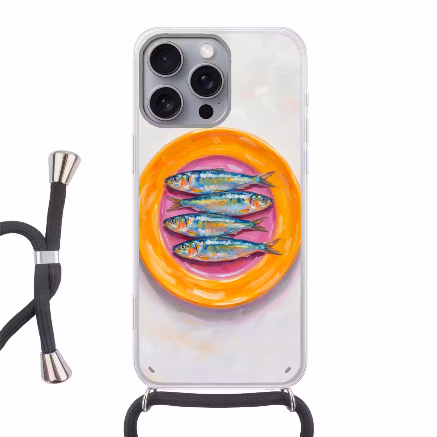 Vis - Vier - Eten - Modern - Kleurrijk Hoesje iPhone 16 Pro Max met koord klein -3d