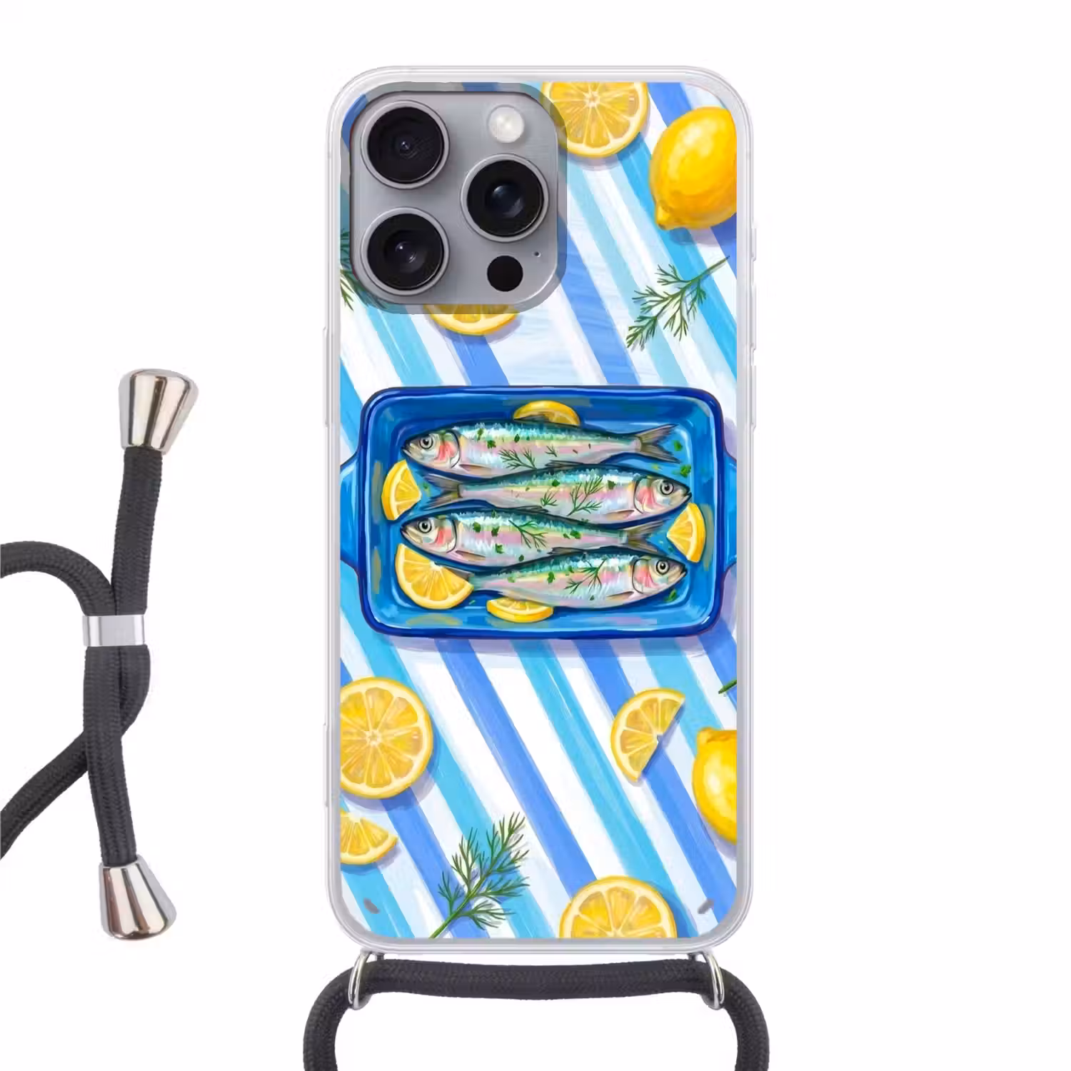 Vis - Citroen - Kruiden - Eten - Blauw Hoesje iPhone 16 Pro Max met koord klein -3d