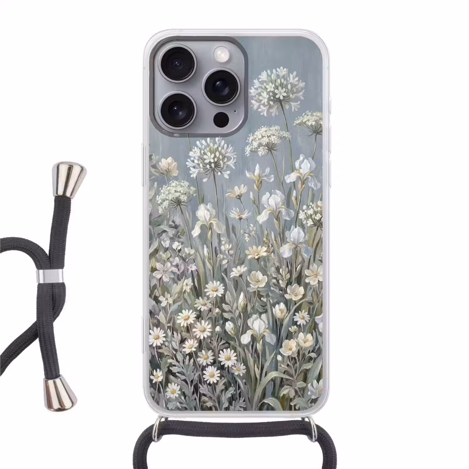 Bloemen - Botanisch - Blauw Hoesje iPhone 16 Pro Max met koord klein -3d