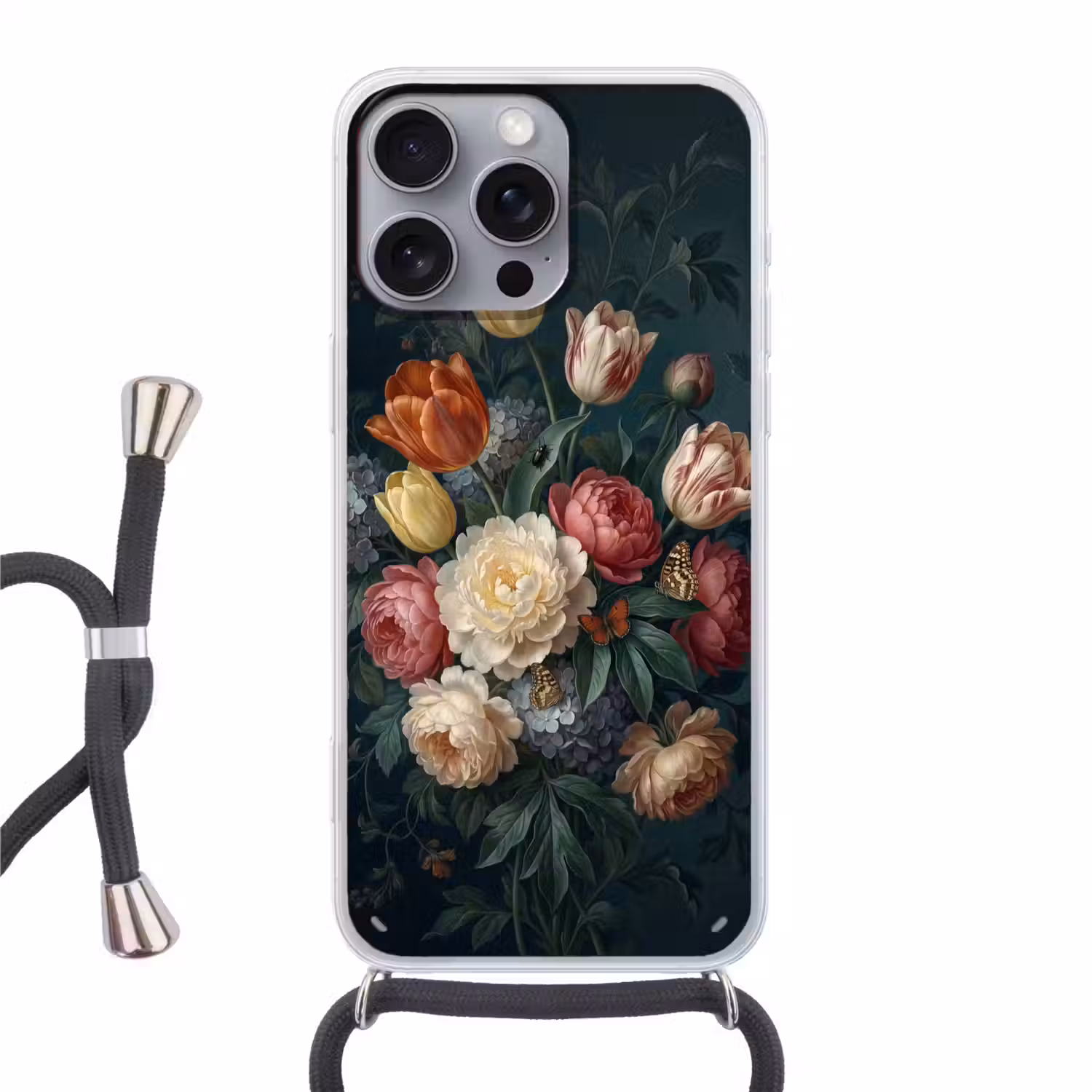Bloemen - Boeket - Natuur - Klassiek - Donker Hoesje iPhone 16 Pro Max met koord klein -3d