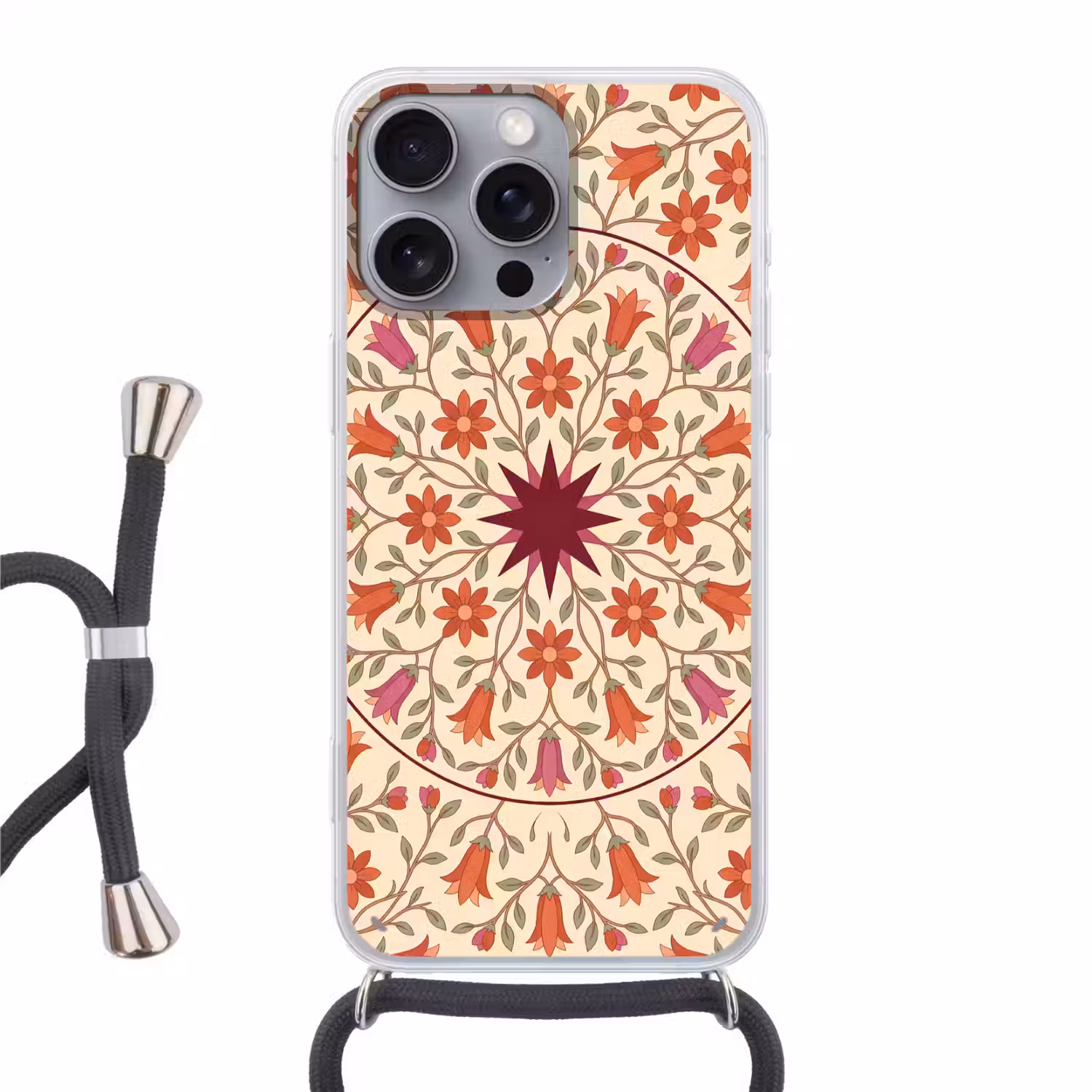 Bloemen - Mandala - Decoratief - Rood Hoesje iPhone 16 Pro Max met koord klein -3d