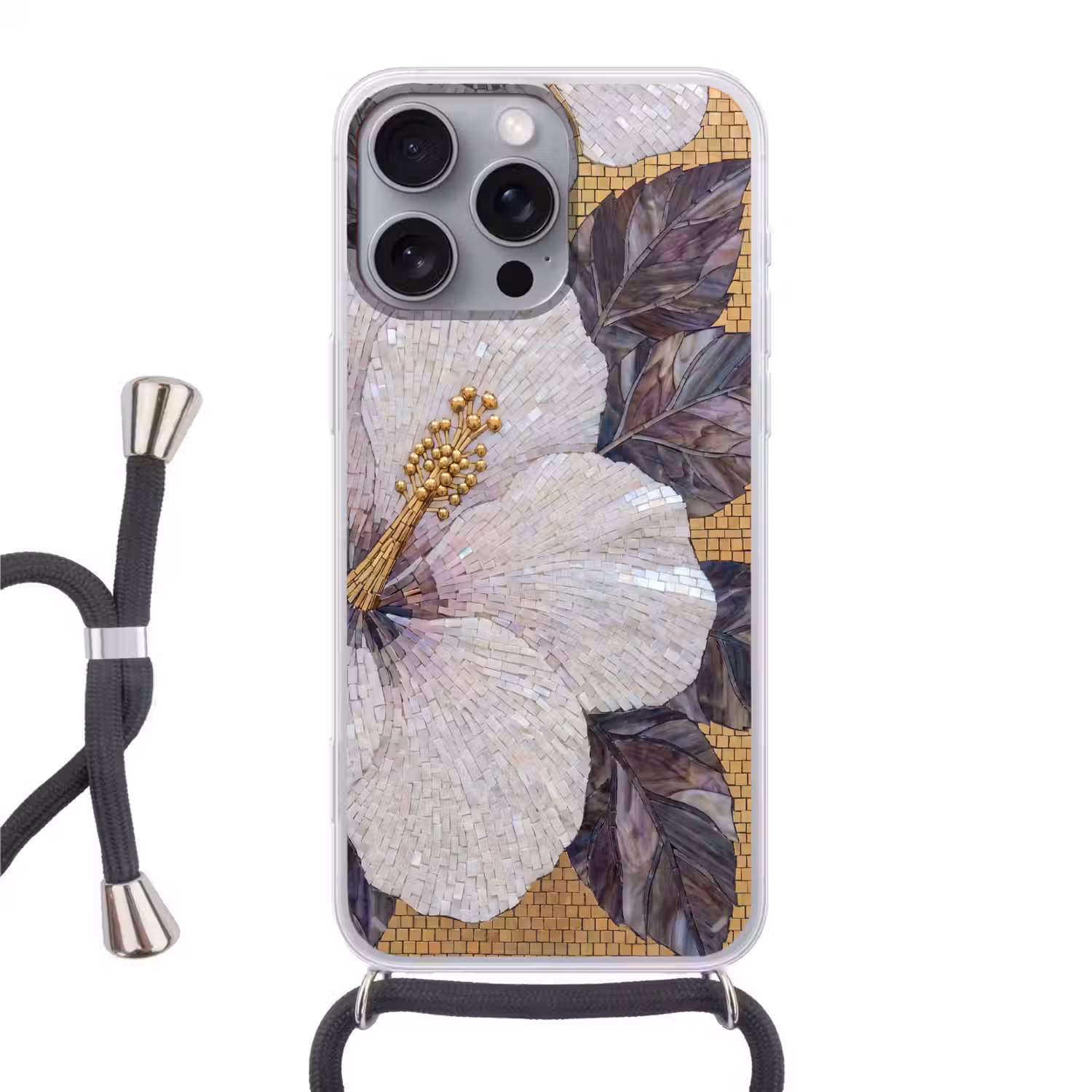 Bloemen - Mozaïek - Kunst - Modern - Goud Hoesje iPhone 16 Pro Max met koord klein -3d